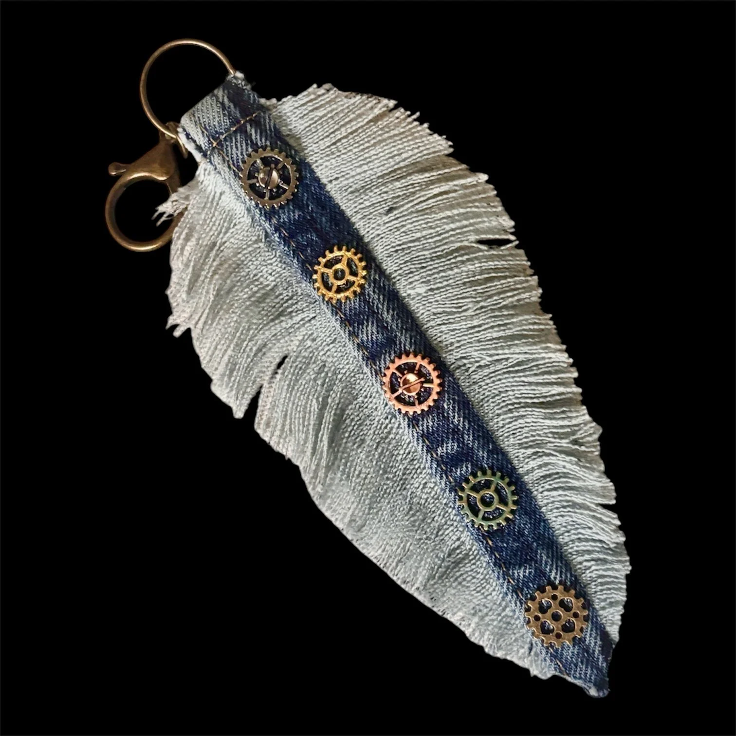 SteamPunk Gear Blue Jean Denim Feather Fringe Key Chain Keychain Purse Fob Brass