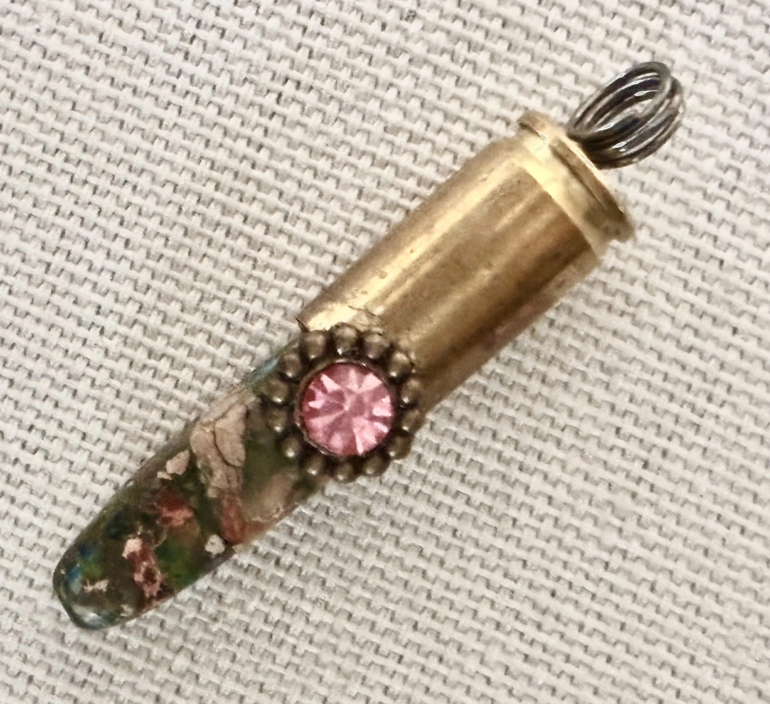 Brass Bullet Gun Shell Casing Multi Color Stone Pink Faceted Rhinestone Accent Necklace Pendant Charm