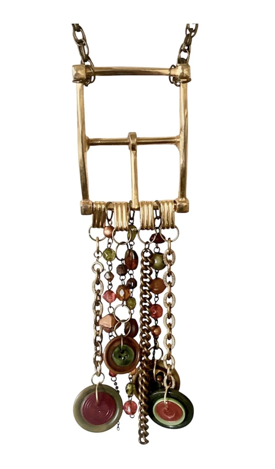Belt, buckle, brass dangle button, charm necklace, handcrafted, one of a kind