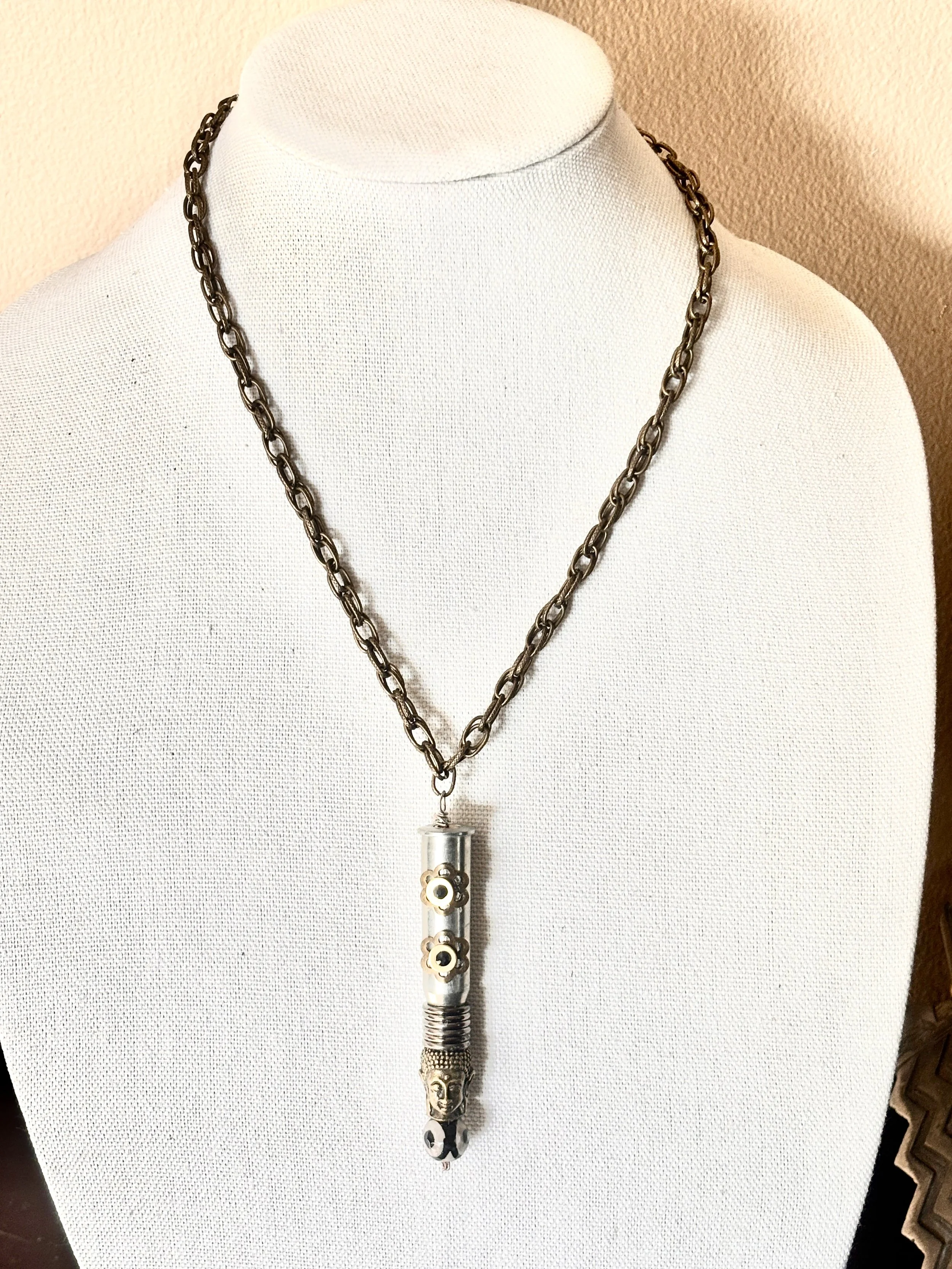 Bullet Gun Shell Casing Ceramic Hand Painted Bead Brass Buddha Head Pendant Oval Cahin Link Necklace