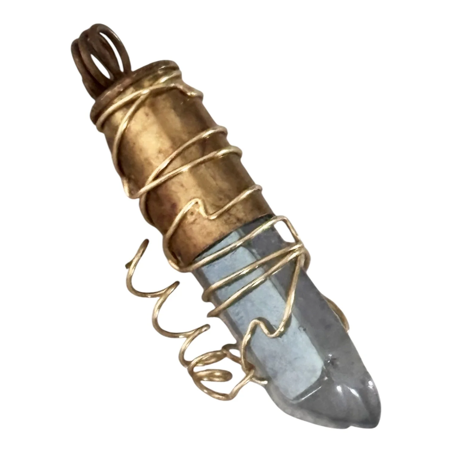 Brass Bullet Gun Shell Brass Bullet Gun Shell Casing Wire Wrapped Blue Crystal Necklace Pendant Charm
