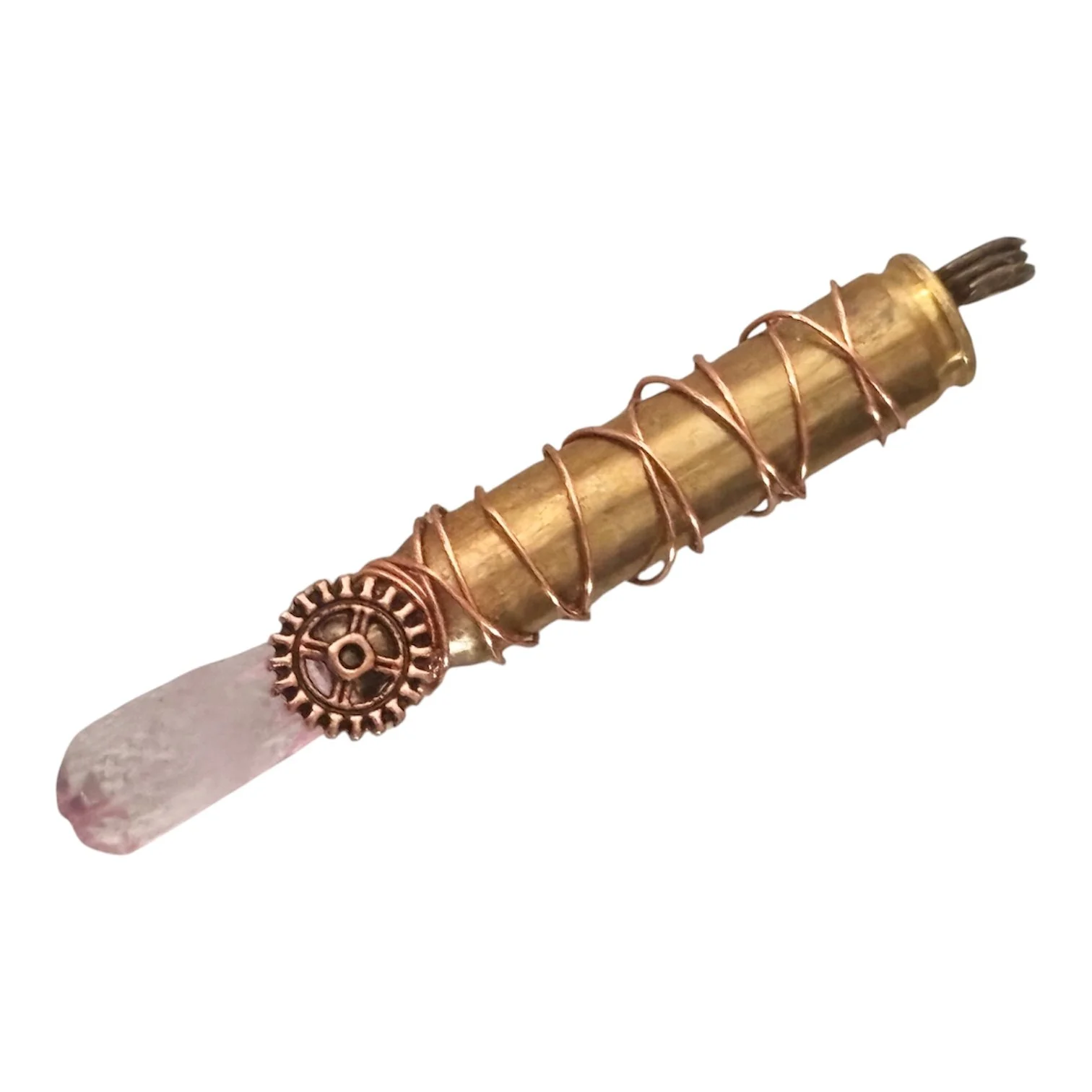 Brass Bullet Gun Shell Casing Steampunk Gear Raw Clear Quartz Crystal Necklace Pendant Charm