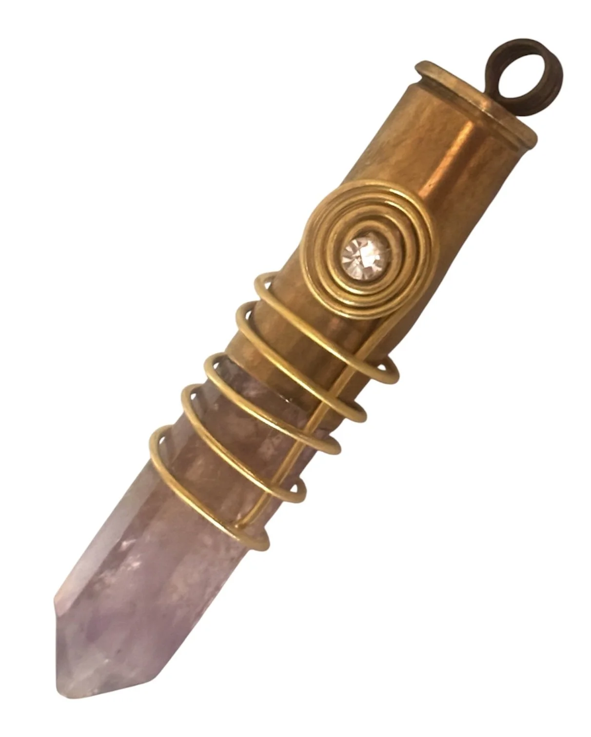 Brass Bullet Gun Shell Casing Gold wire wrapping Clear Rhinestone Amethyst Crystal Necklace Pendant Charm