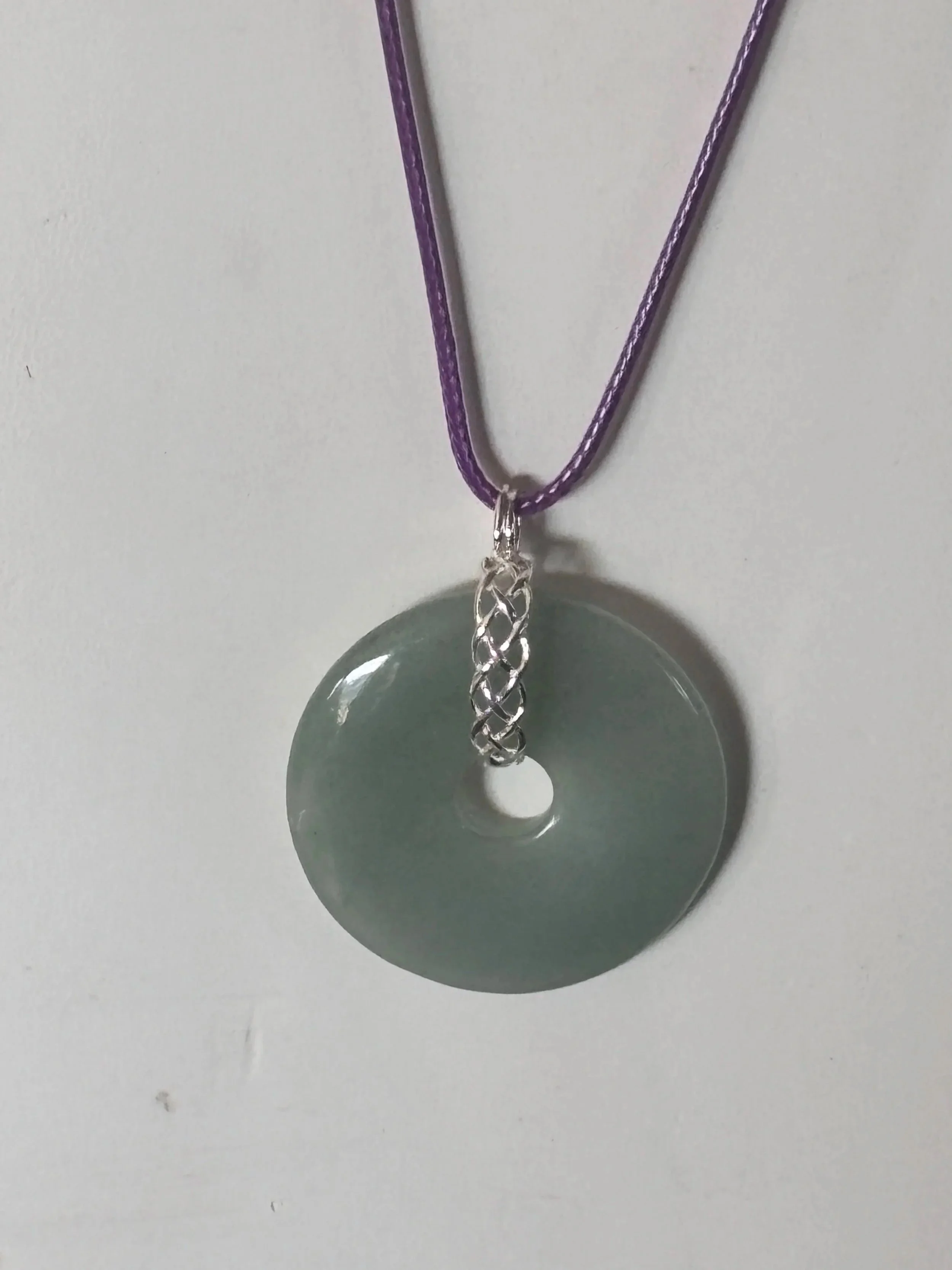 Semi precious gemstone Jadeite Green Jade donut, necklace, silver clasp pendant