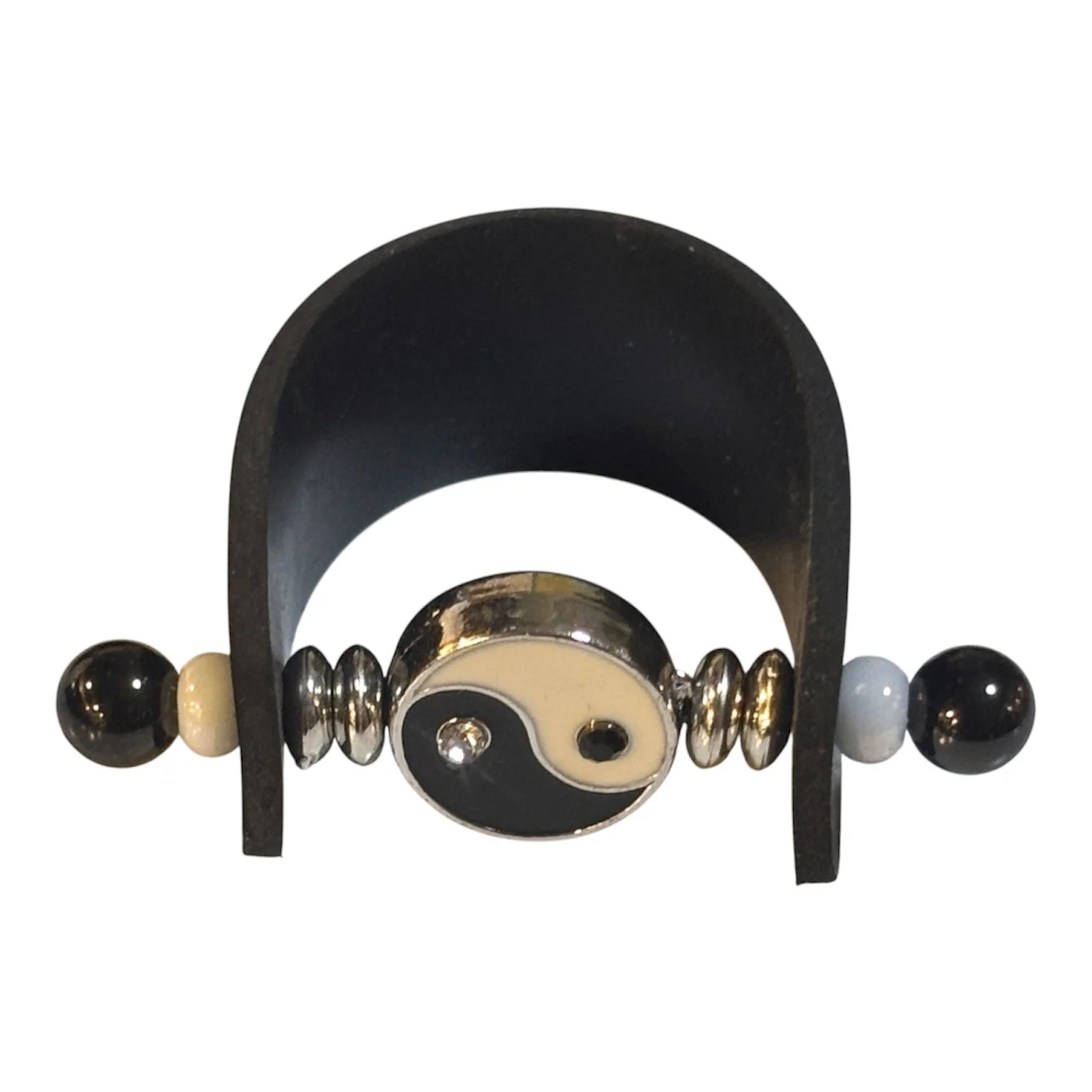 Rubber Stainless Steel Stud Funky White Glass and metal Ying Yin Yang Black White Bead Ring Size 8