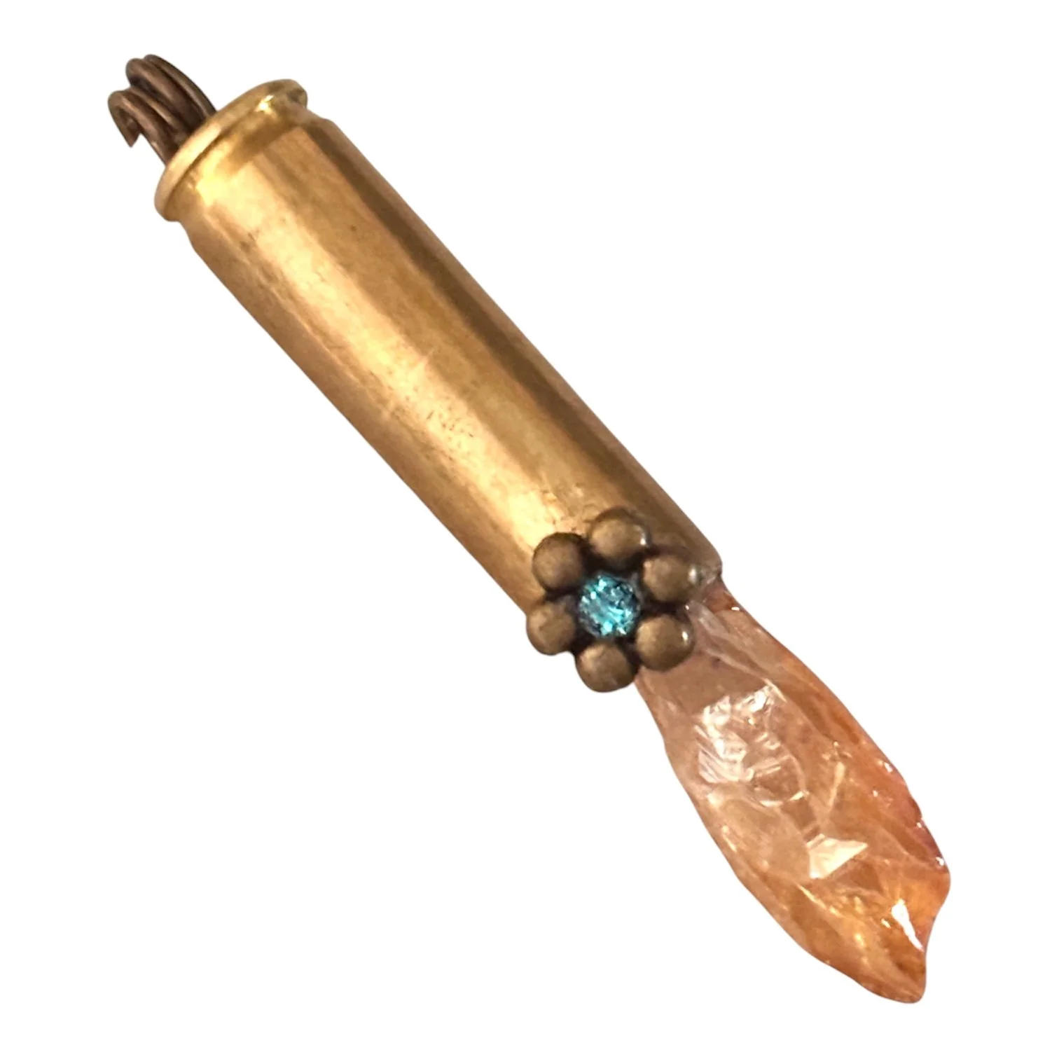 Brass Bullet Gun Shell Casing Flower Blue faceted Rhinestone Raw Yellow Iridescent Quartz Crystal Necklace Pendant Charm