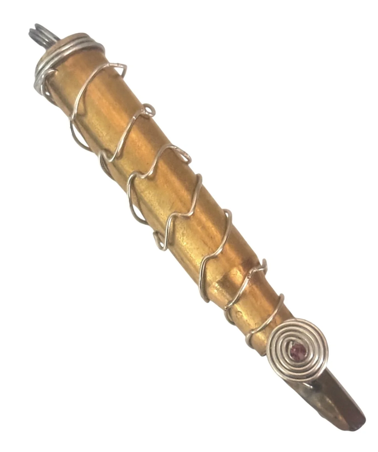 Brass Bullet Gun Shell Casing Silver wire wrapping Purple Rhinestone Rainbow Crystal Necklace Pendant Charm