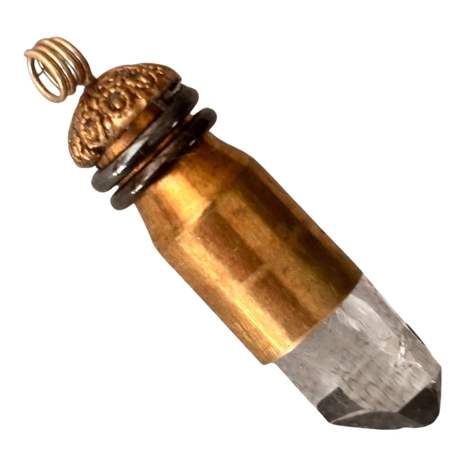 Brass Bullet Gun Shell Casing Ornate Metal Cap Bead Raw Clear Quartz Crystal Necklace Pendant Charm