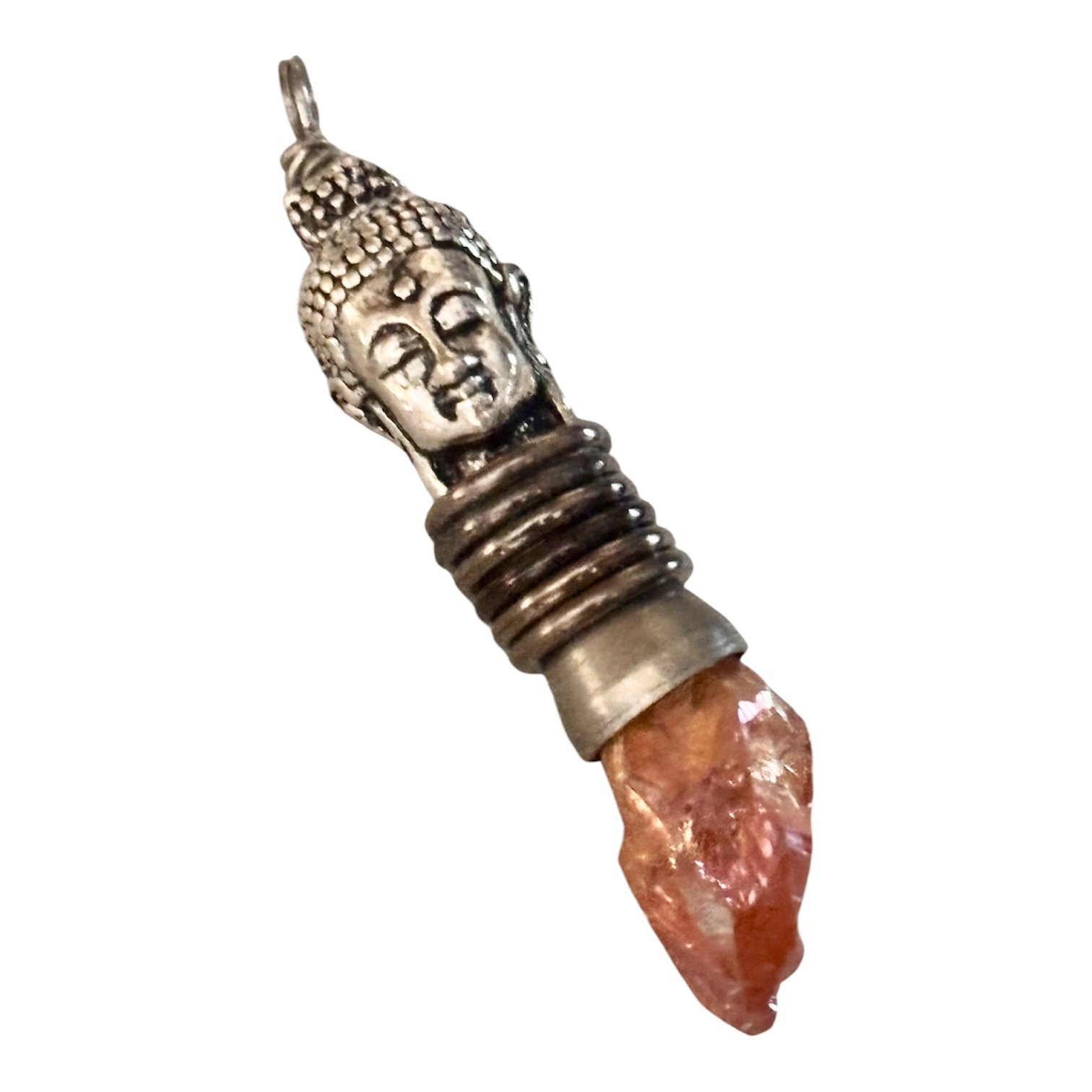 Silver Bullet Gun Shell Casing Buddha Head Bead Raw iridescent Raw Quartz Crystal Necklace Pendant Charm