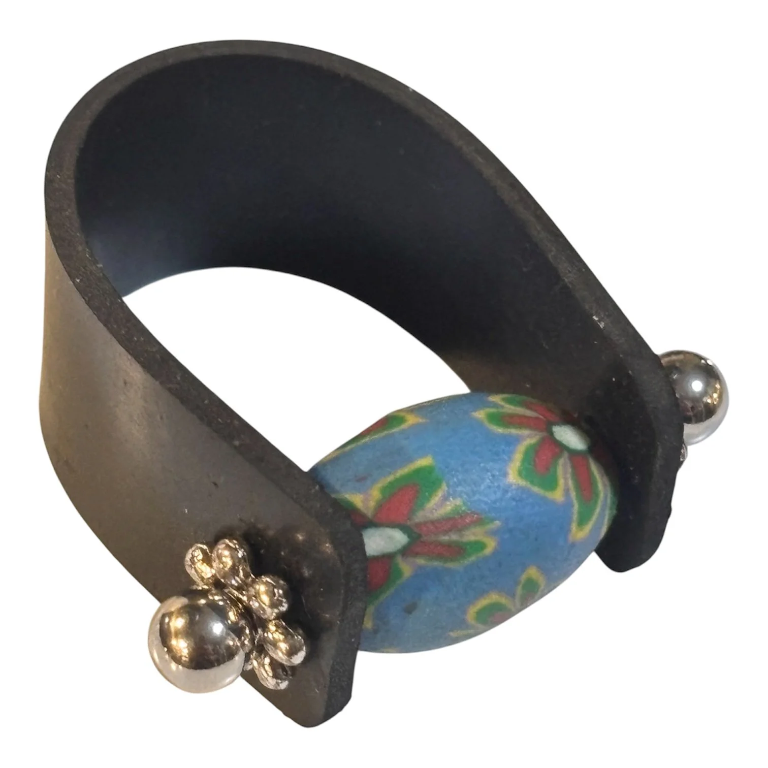 Rubber Stainless Steel Stud Funky Polymer Clay Multi Colored Flower  Bead Ring Size 9