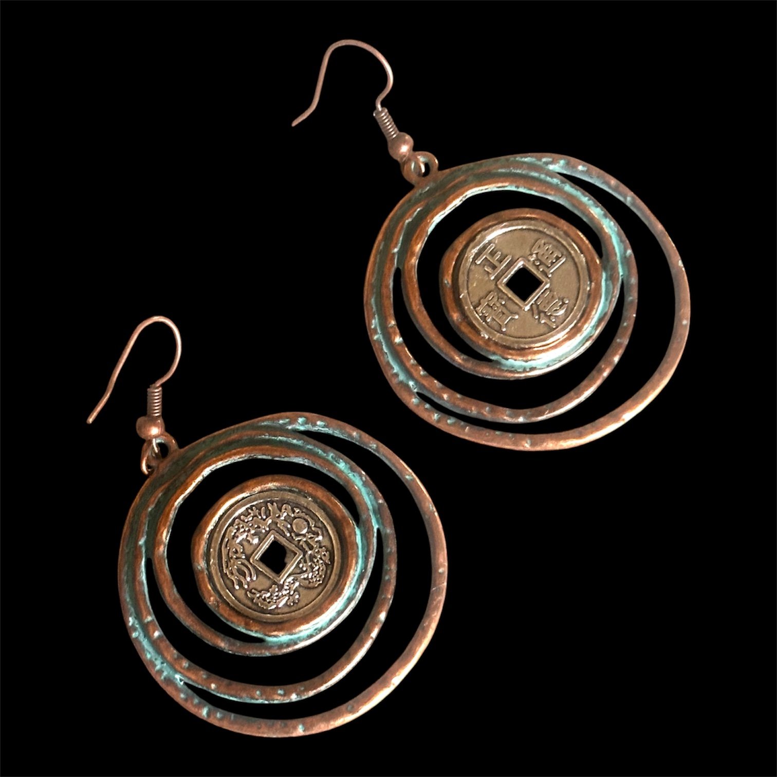 Bagua Map Faux Coin Teal and Copper  tone Circle Spiral Pierced Earrings