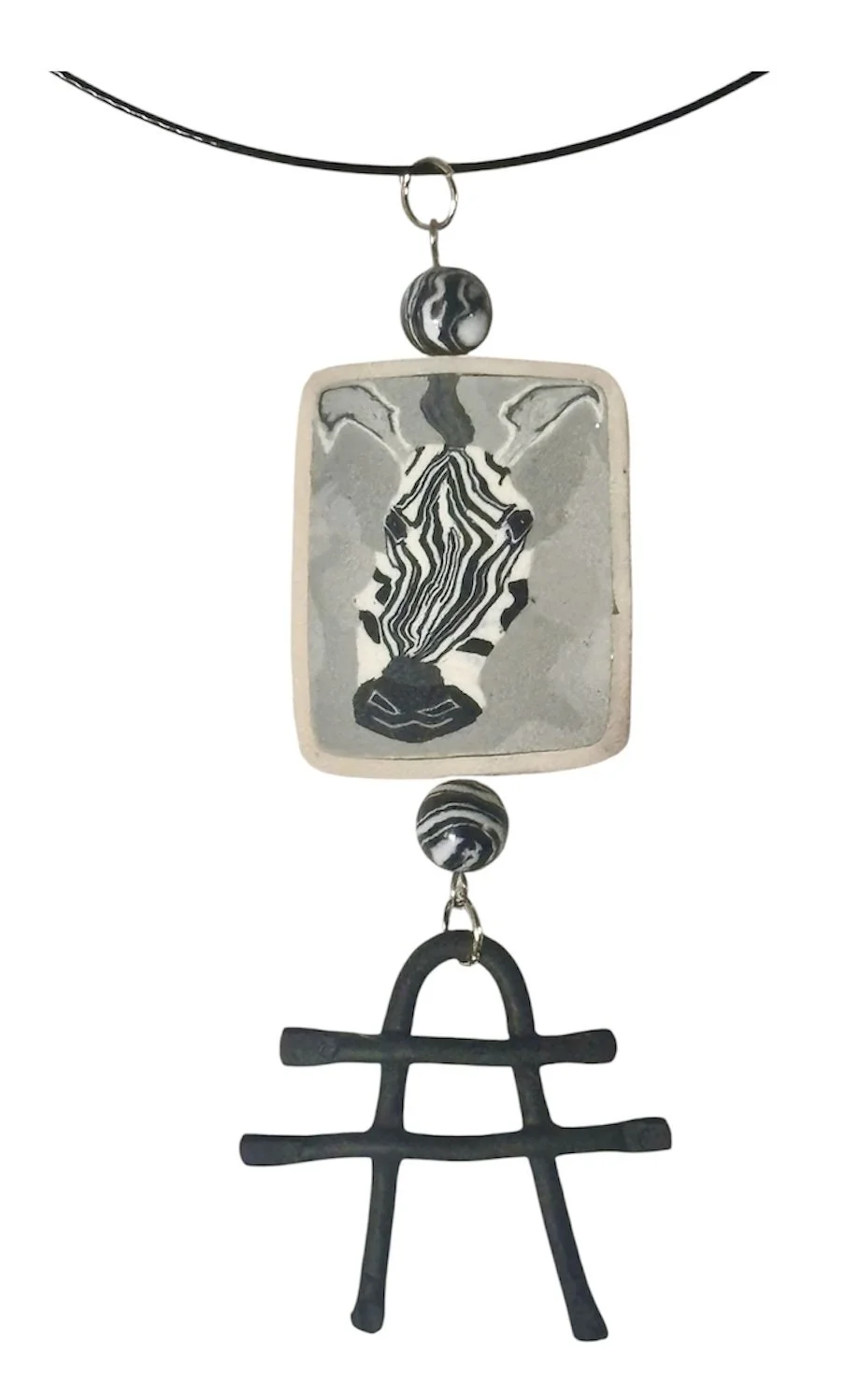 Polymer Clay Zebra Double sided Bead Dangle Wire Choker Necklace Starburst Bead