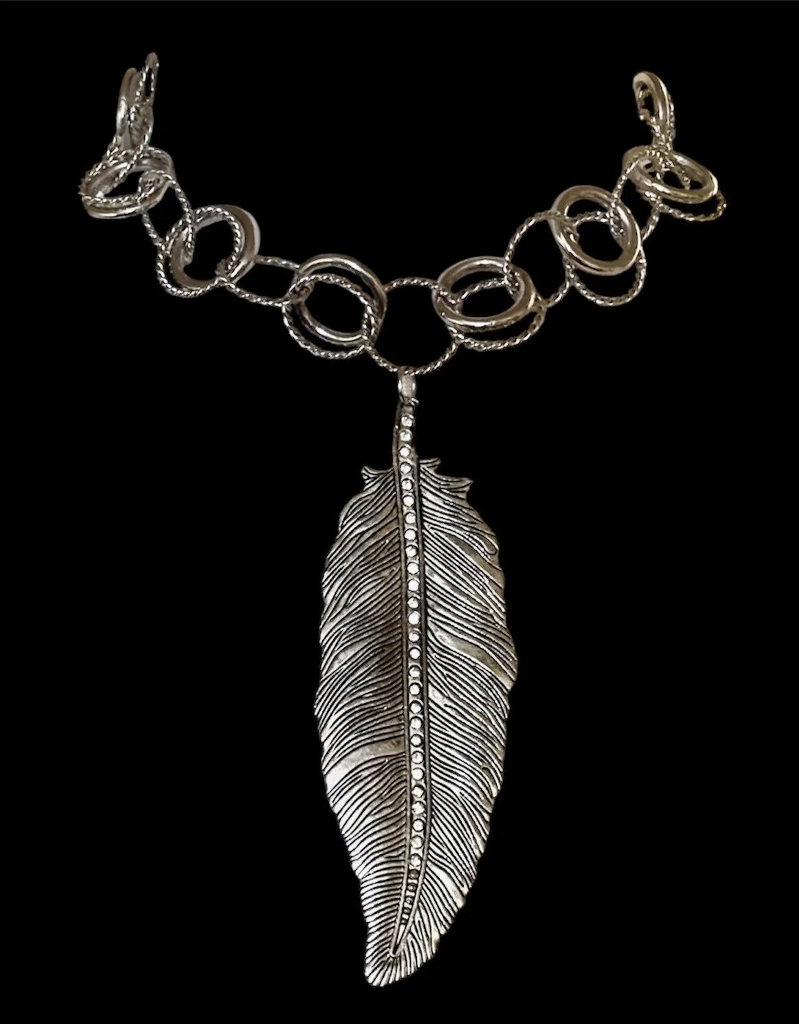 Silver feather etched accented rhinestones pendant circle chain necklace