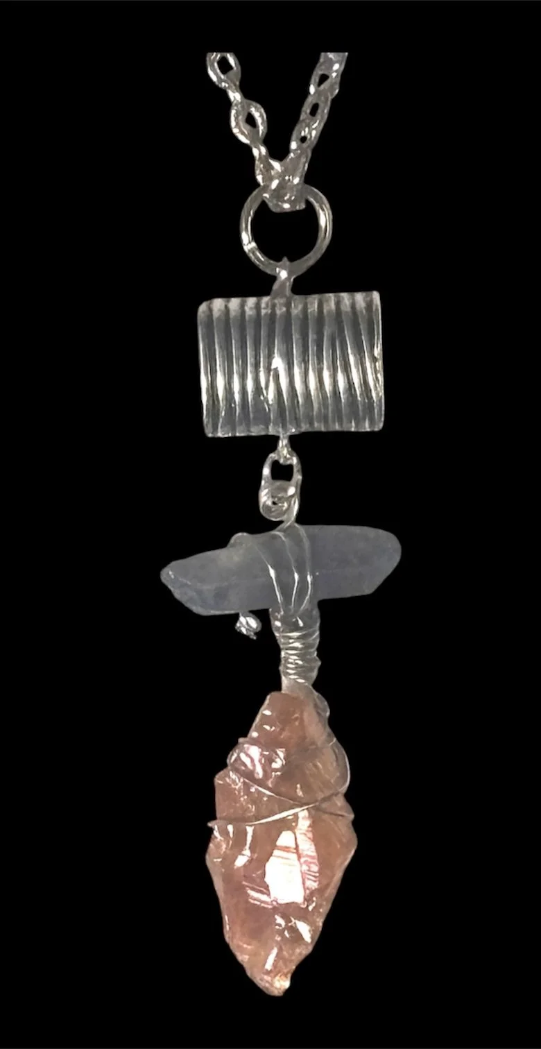 Silver Chain Raw Quartz Crystal iridescent, stone, metal ribbed oval  tube dangle Pendant Necklace