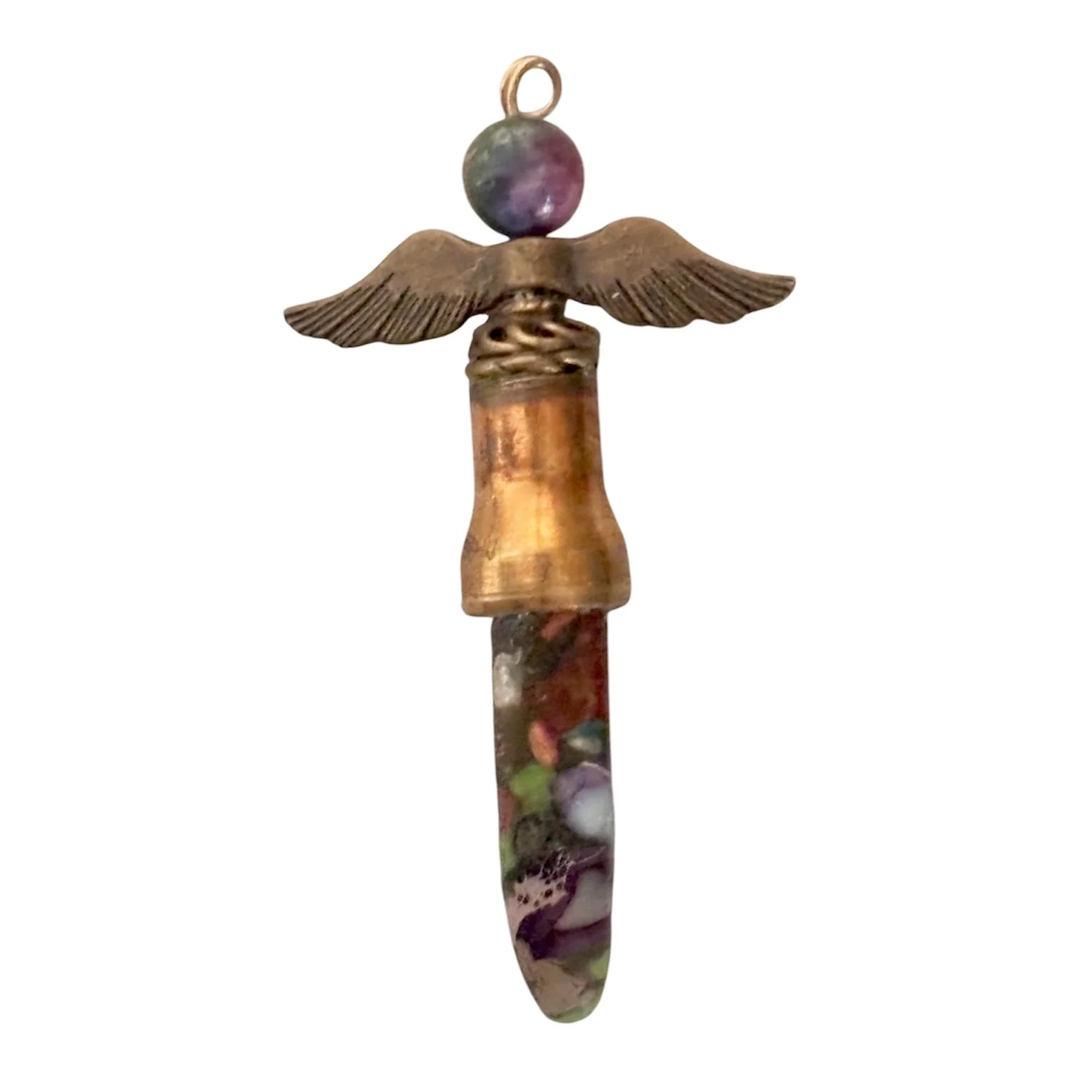Brass Bullet Gun Shell Casing Angel Wings Puddy Stone Multicolored Picaso Head Bead Necklace Pendant Charm