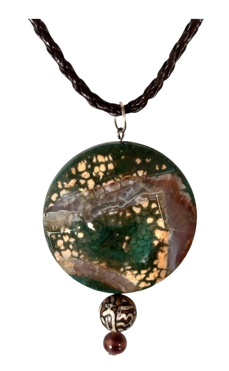 Kabamby Ocean Jasper Gemstone Pendant Carved Bone Worry Stone Bead, Brown Faux Braided Cord Necklace