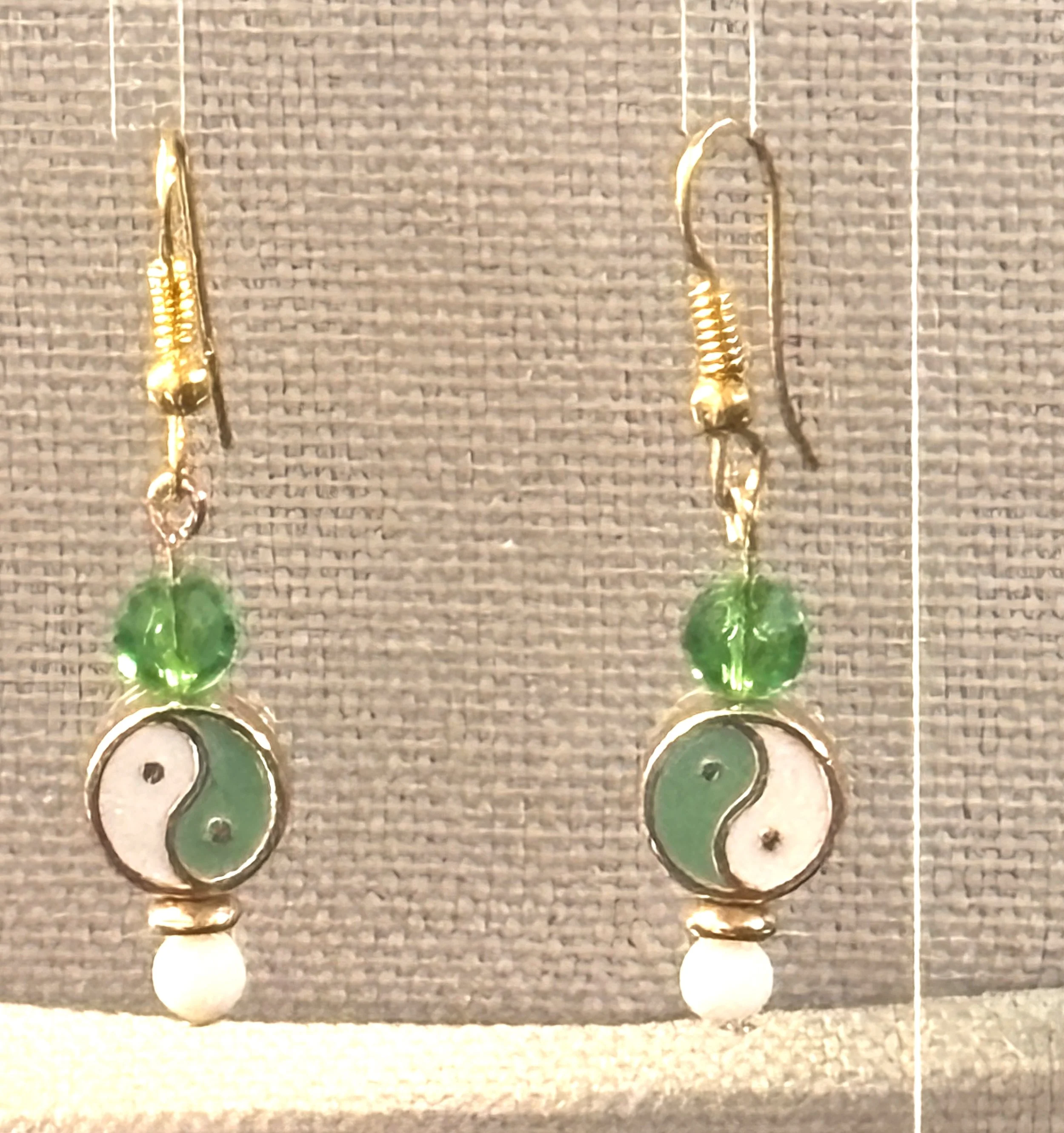 Ying Yang Balance Energy Metal enamel Painted Double sided Bead Earrings White & Green