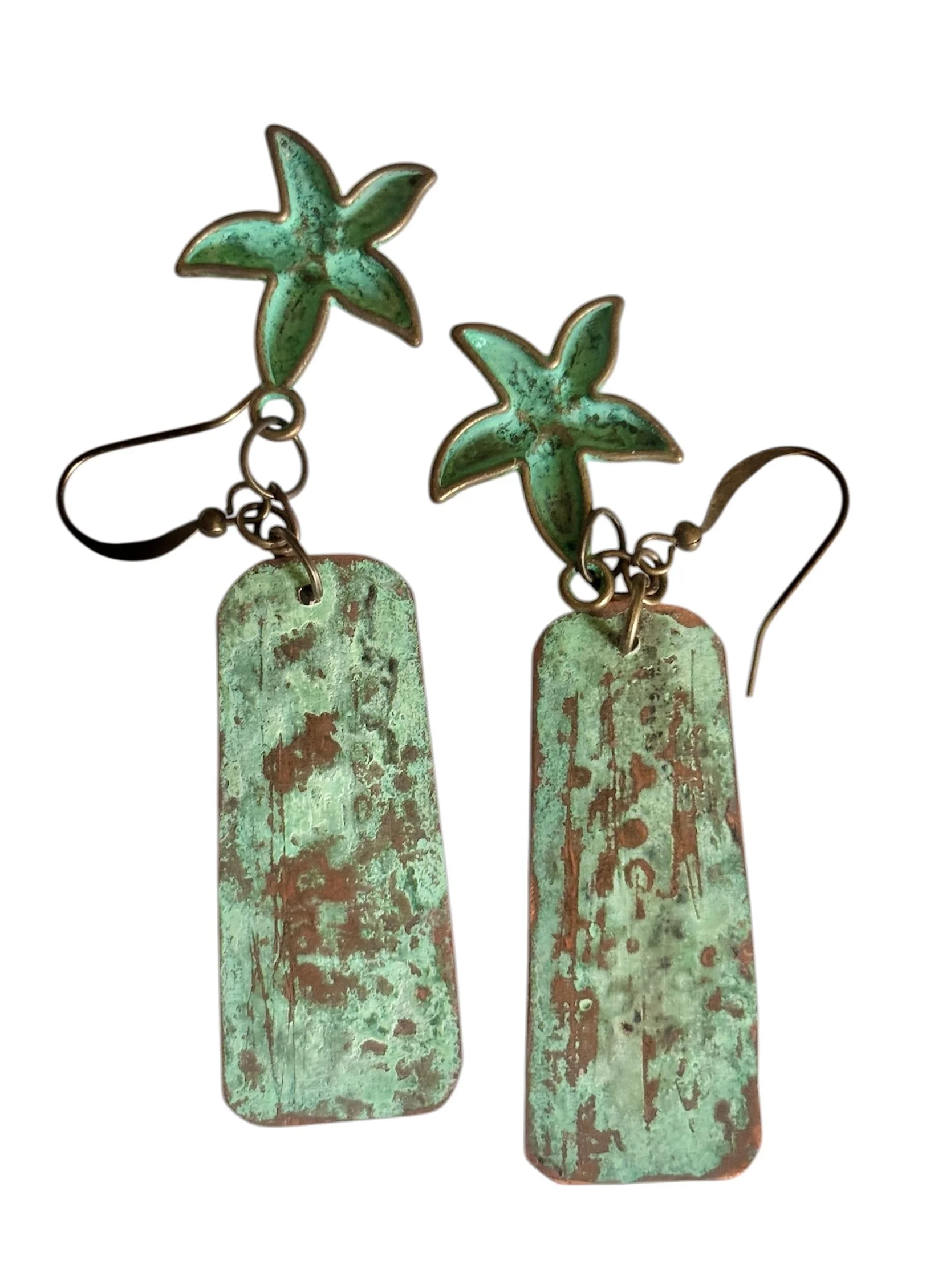 Copper enameled textured dangle Star Fish Earrings Teal Blue