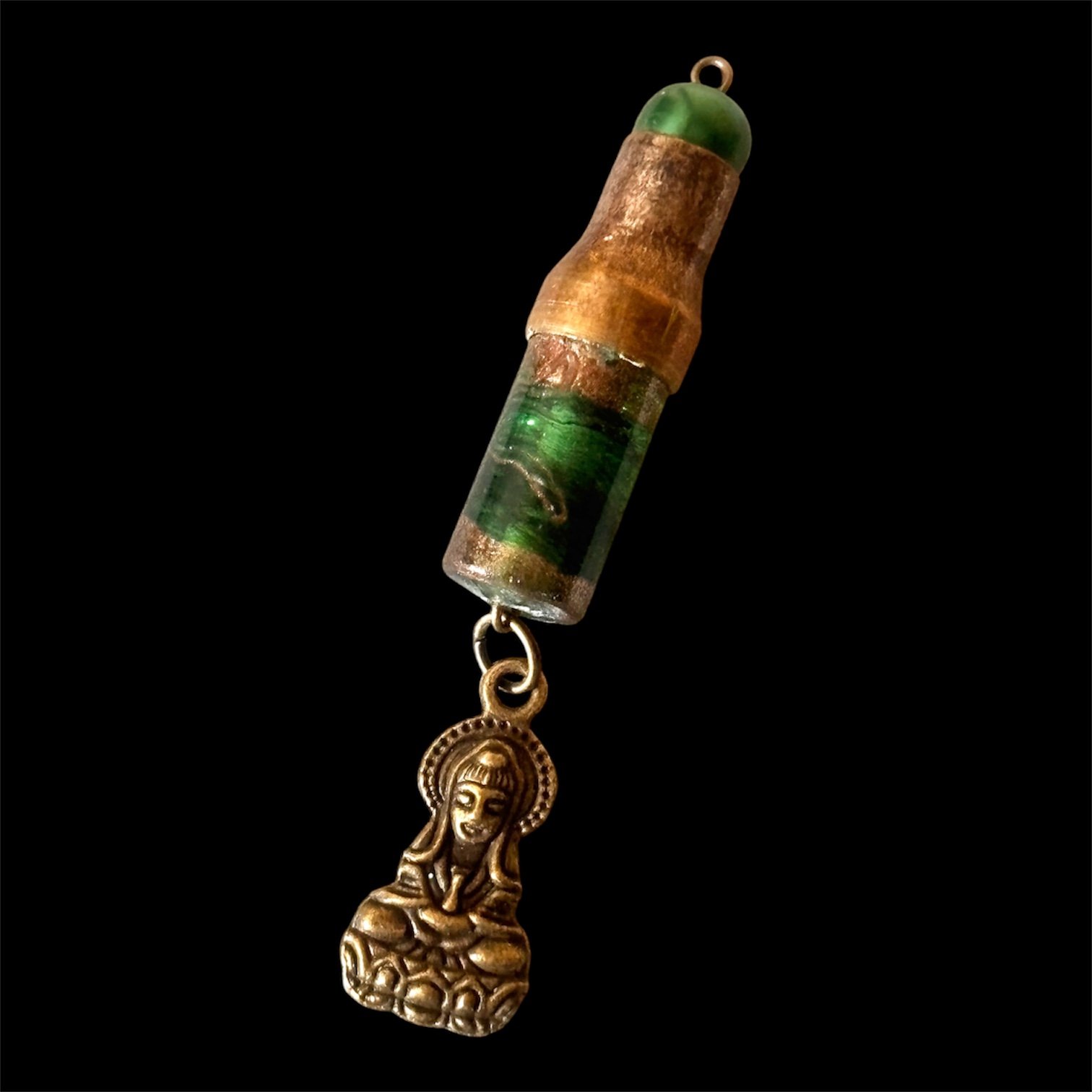 Brass Bullet Gun top Shell Casing Tibetan Kwan Yin Double Sided Dangle Glass Green Swirl Bead Necklace Pendant Charm
