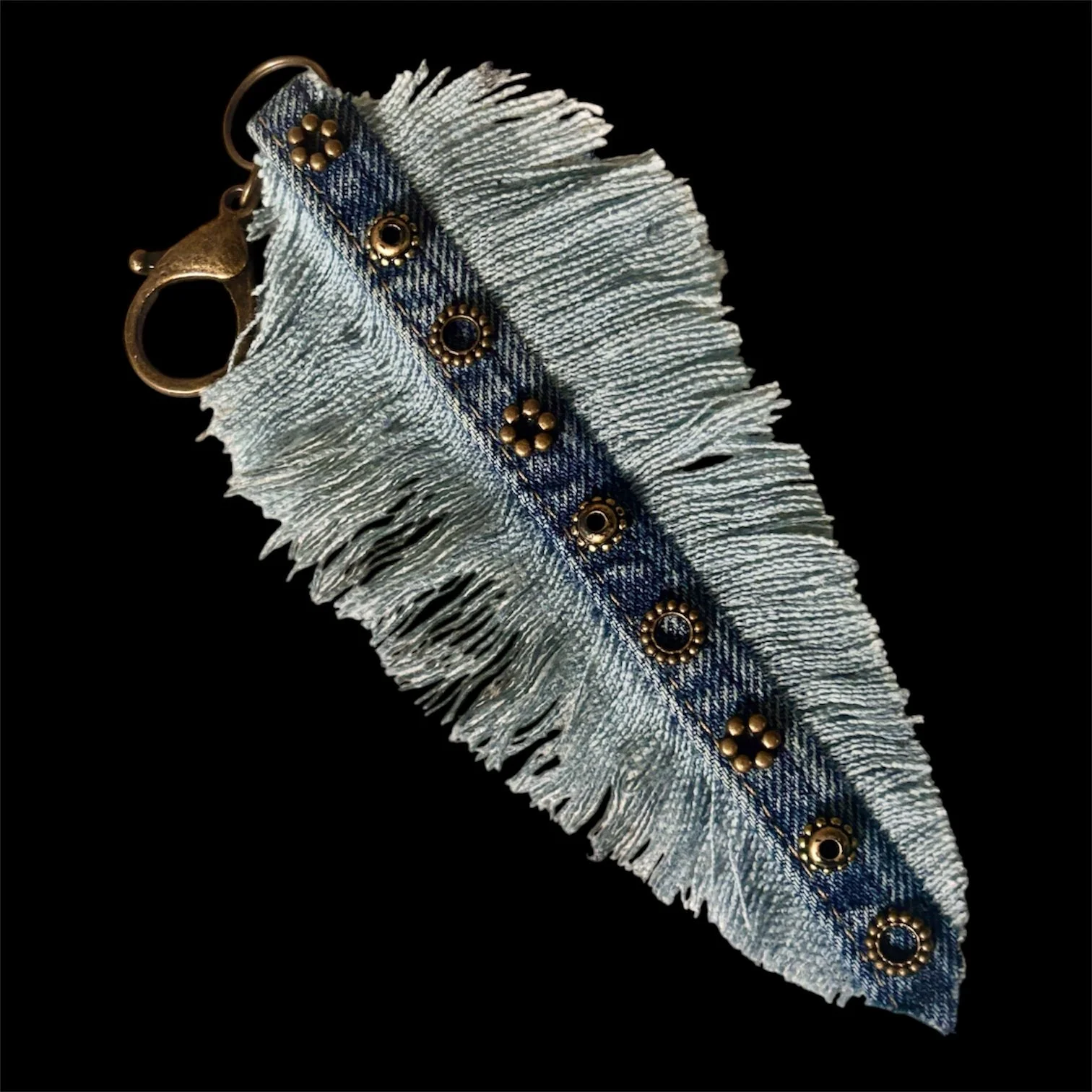 SteamPunk Gear Blue Jean Denim Feather Fringe Key Chain Keychain Purse Fob