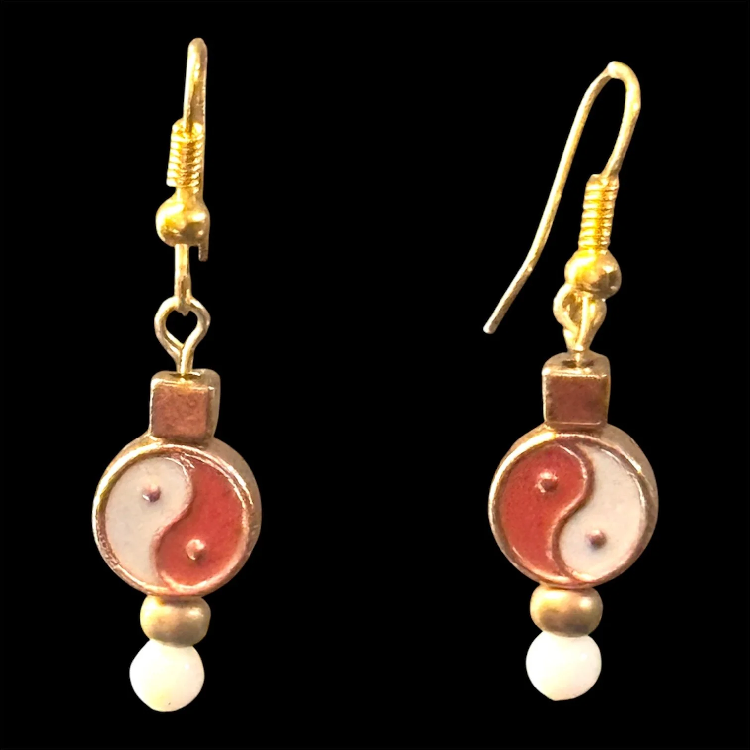 Ying Yin Yang Balance Energy Metal Enamel Painted Double sided Bead Pierced DangleEarrings White & Orange