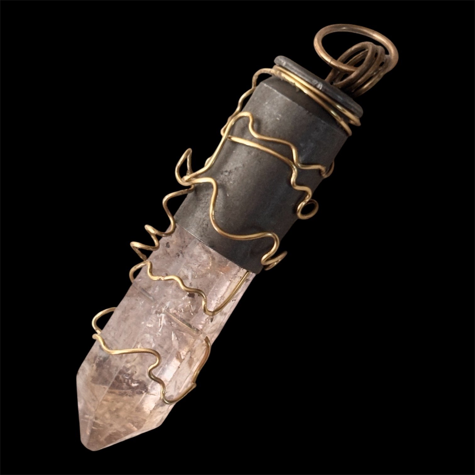 Silver Bullet Gun Shell Casing Gold Wire Wrap Raw Clear Quartz Crystal Necklace Pendant Charm