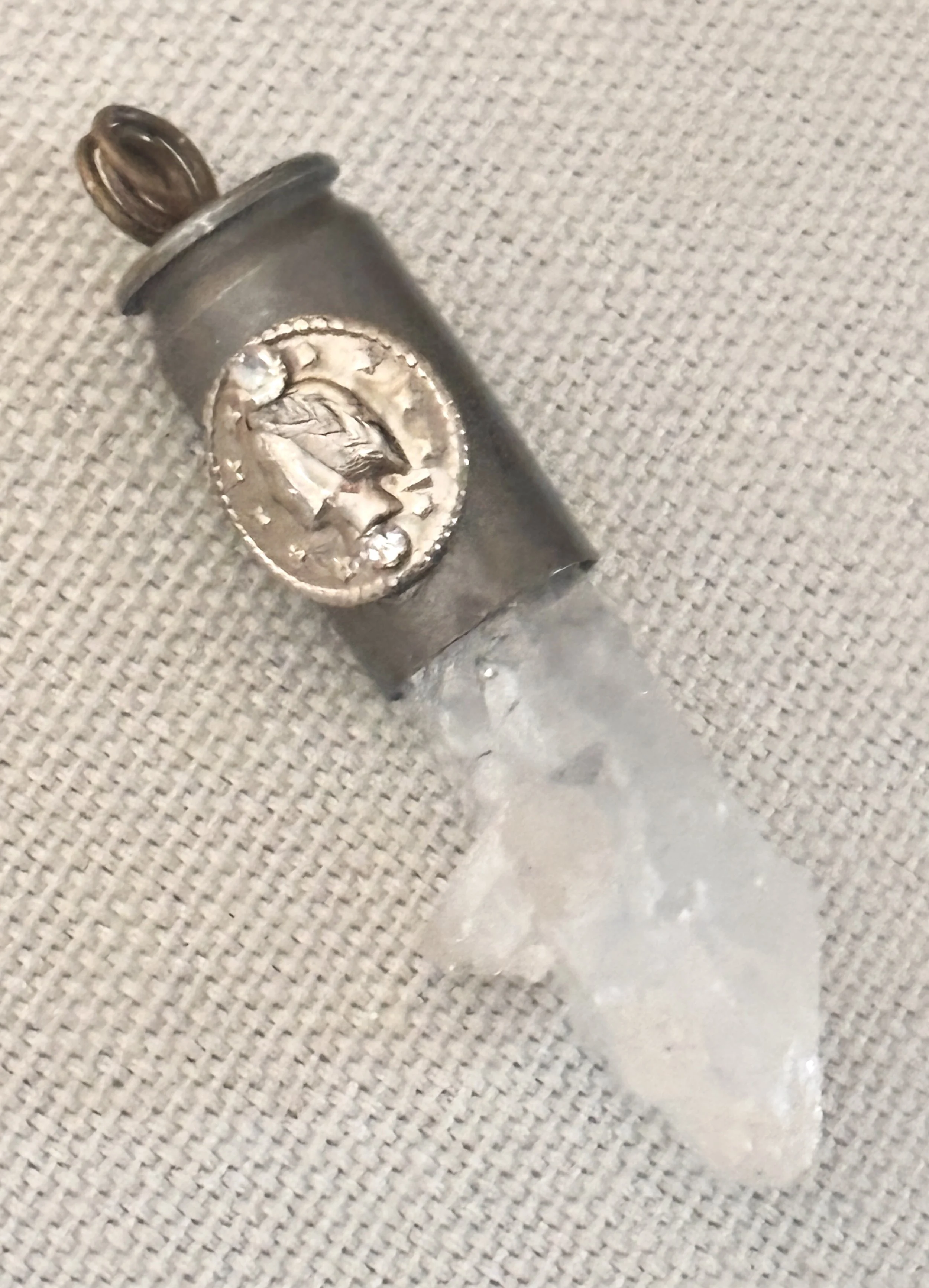 Silver Bullet Gun Shell Casing Raw Quartz Crystal Coin Rhinestone Head Accent Necklace Pendant Charm