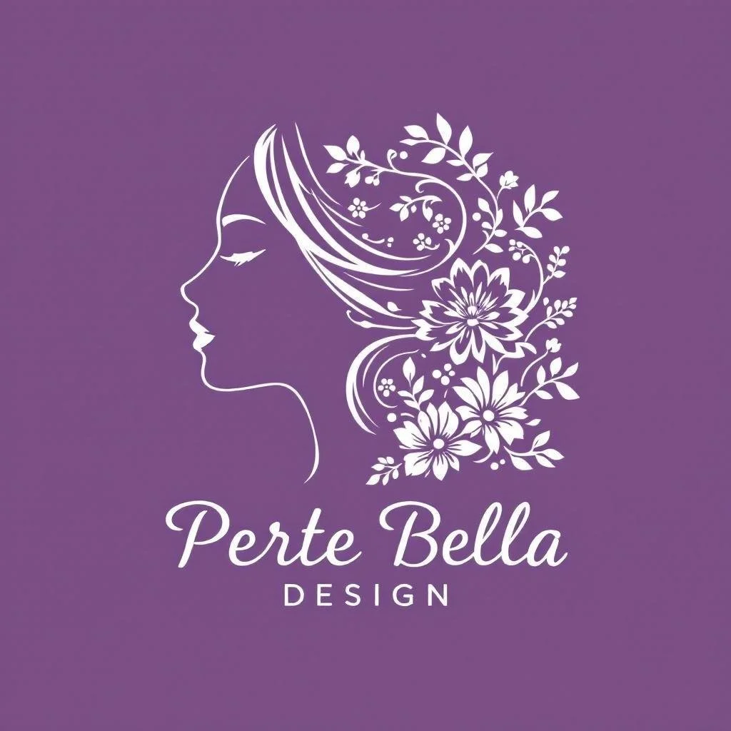 Logo featuring a side profile of a woman's face with flowing hair decorated with flowers and leaves, with the text "Perte Bella Design" below.