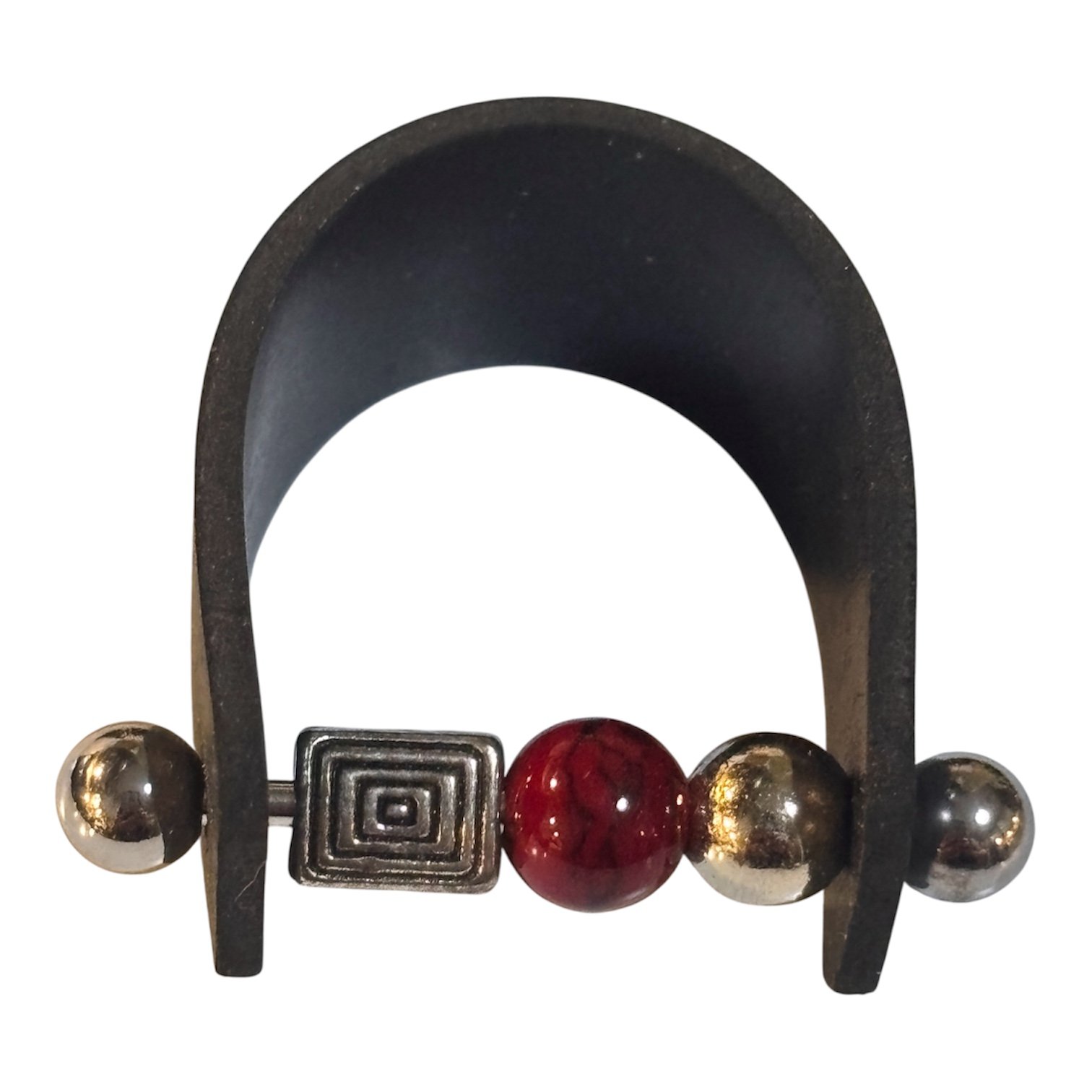 Rubber Stainless Steel Stud Funky Red Glass and metal Ball Bead Ring Size 10