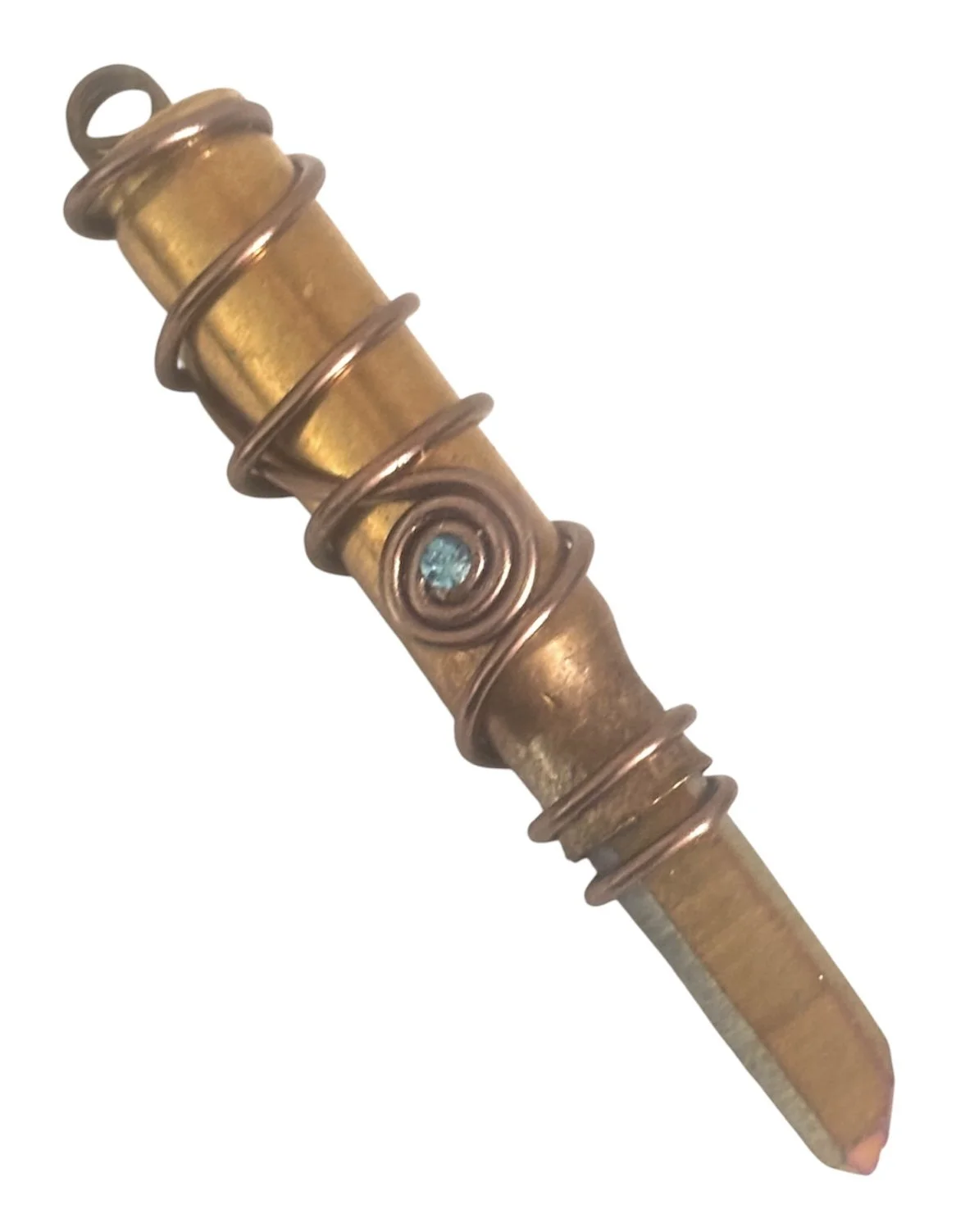 Brass Bullet Gun Shell Casing Raw Rainbow Crystal Spike Aqua Blue Rhinestone Necklace Pendant Charm