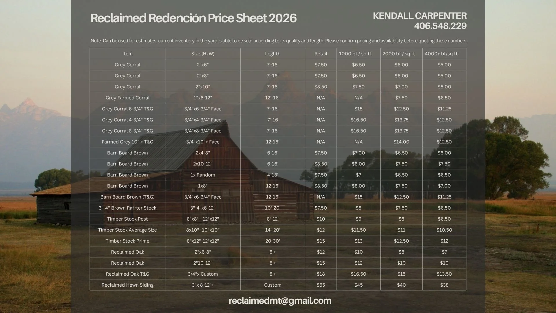 Price sheet for reclaimed lumber and materials listing various sizes, prices, and options for different types of wood including grey corral, barn board, timber, reclaimed oak, and hewn siding with contact information at the top right and email address at the bottom.