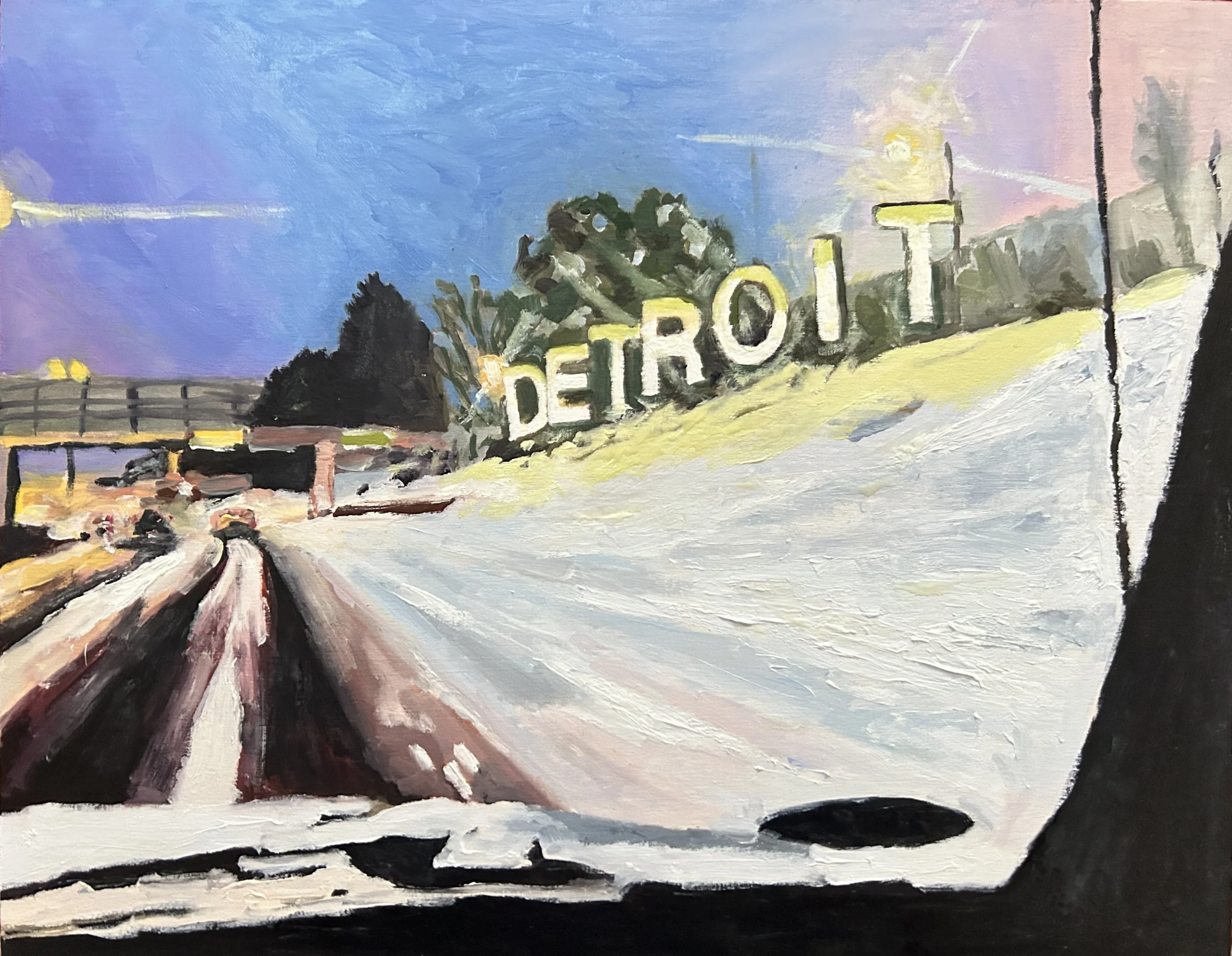 Detroit sign over hwy. 94 on a snowy evening