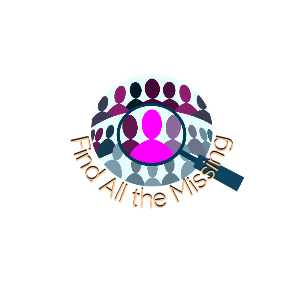 Illustration of a magnifying glass over a group of people icons, with the text 'Find All The Missing' curved around the bottom.