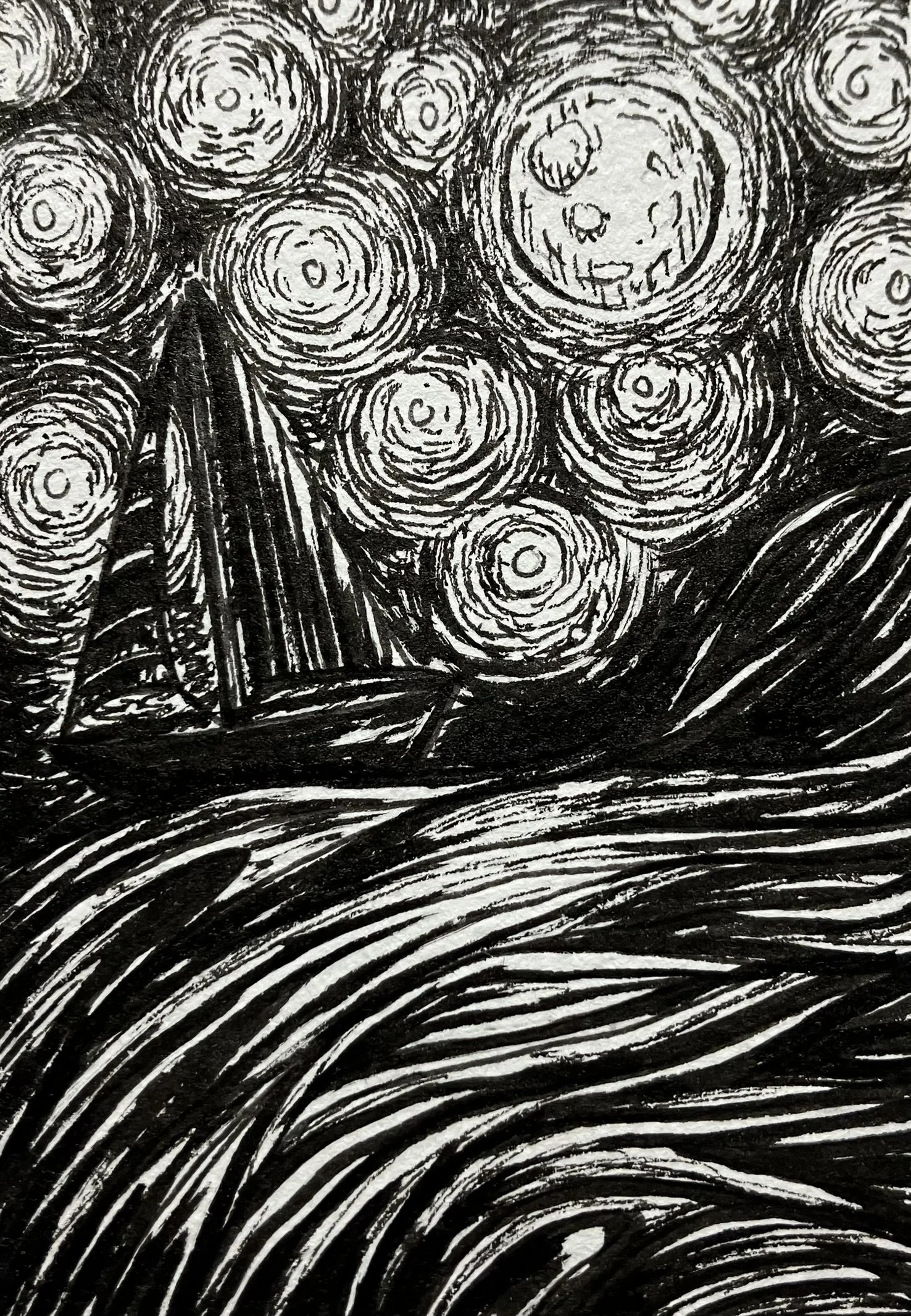 Moonlit, Ink on watercolor paper, 2.25 x 3.25 in