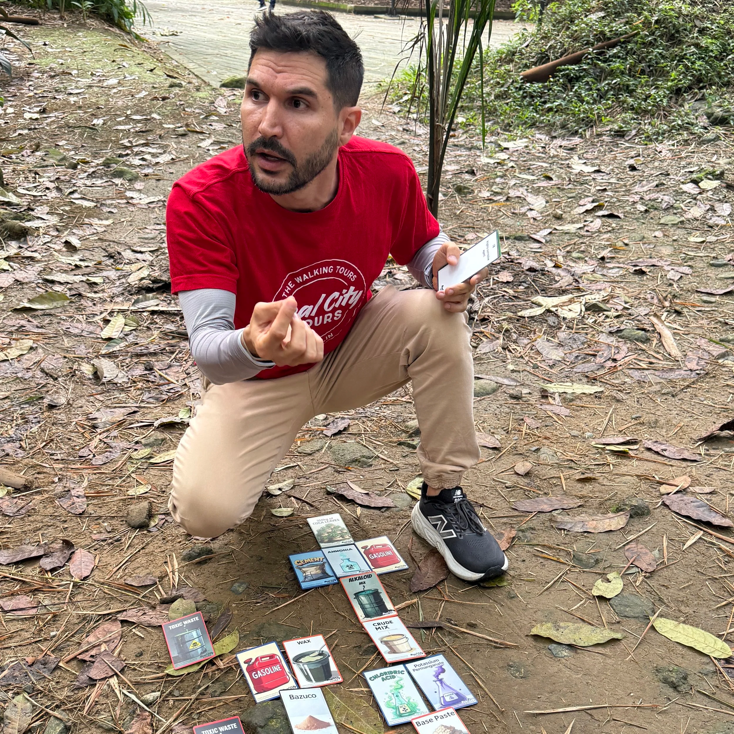Tour guide Pablo explaining coca leaf and cocaine production on the More Than Escobar Tour from Real City Tours in Medellin Colombia