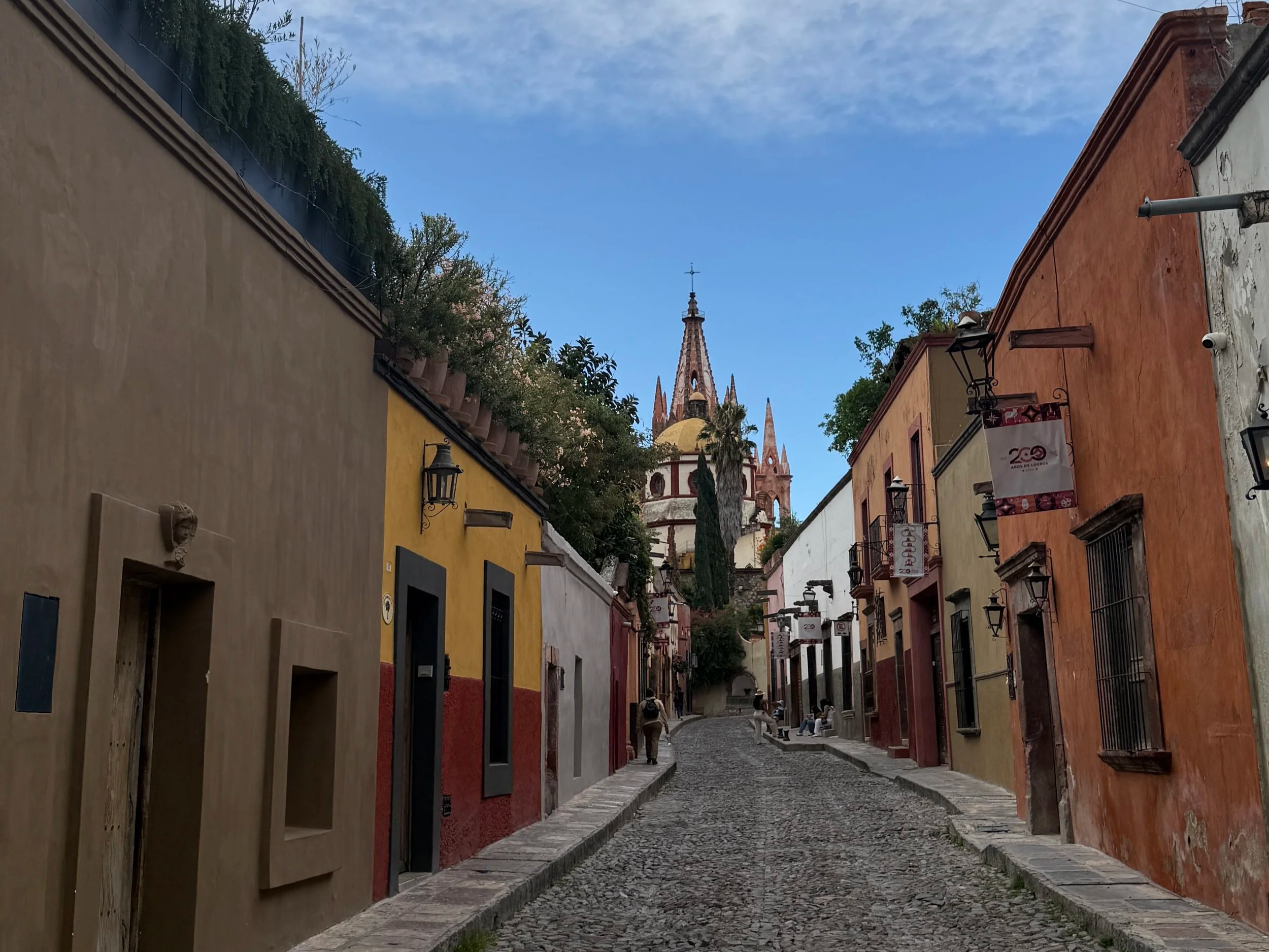 View of street with church in background in San Miguel de Allende, Mexico