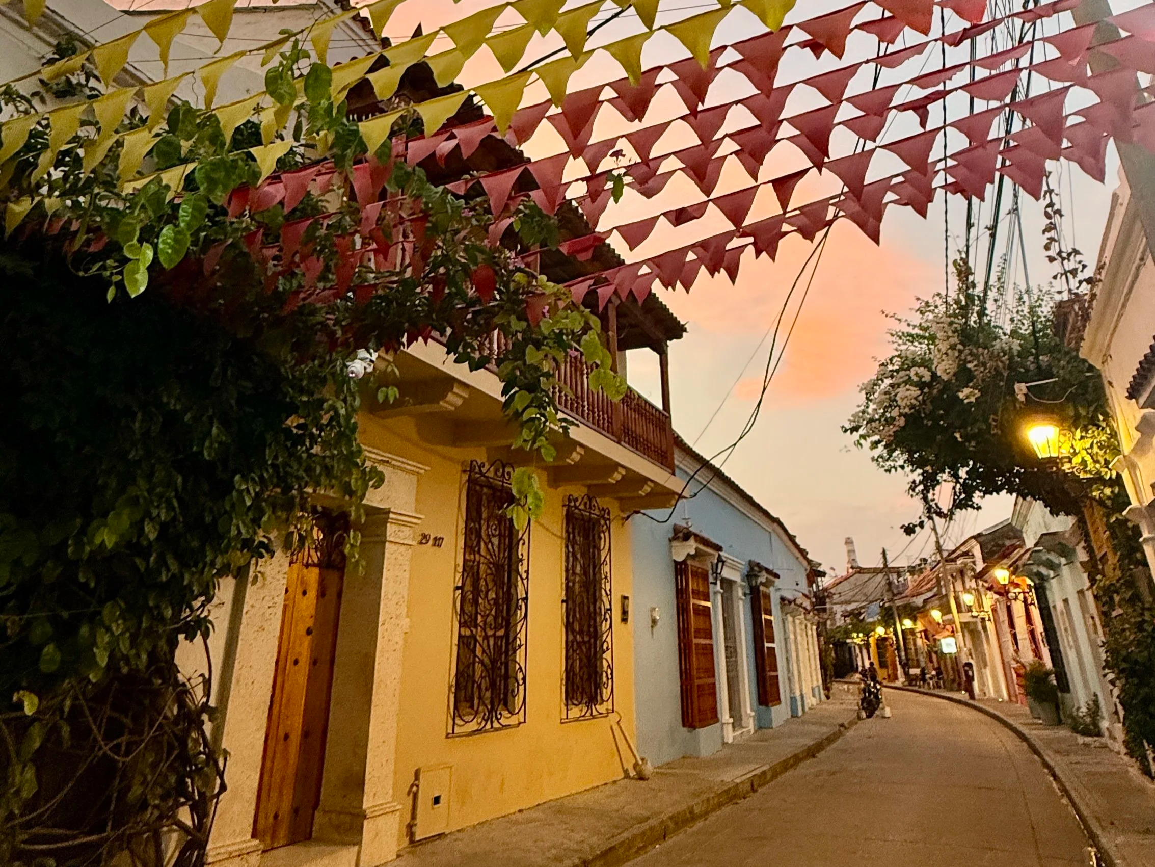 Streets of Getsemaní in Cartagena Colombia at sunset