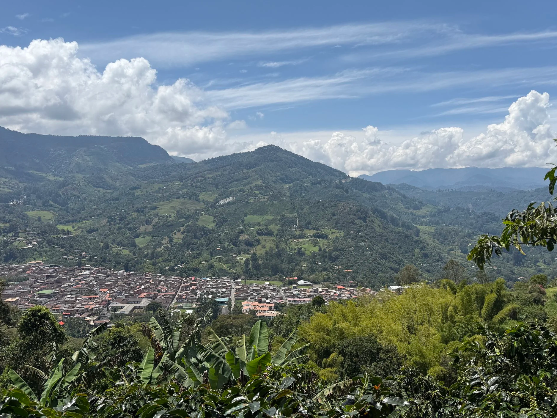 Panoramic view of Jardin from above in the mountains at Cafe Jardin in Jardin Colombia