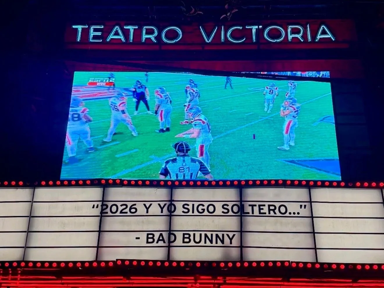 Super Bowl sign with Bad Bunny quote in Medellin, Colombia