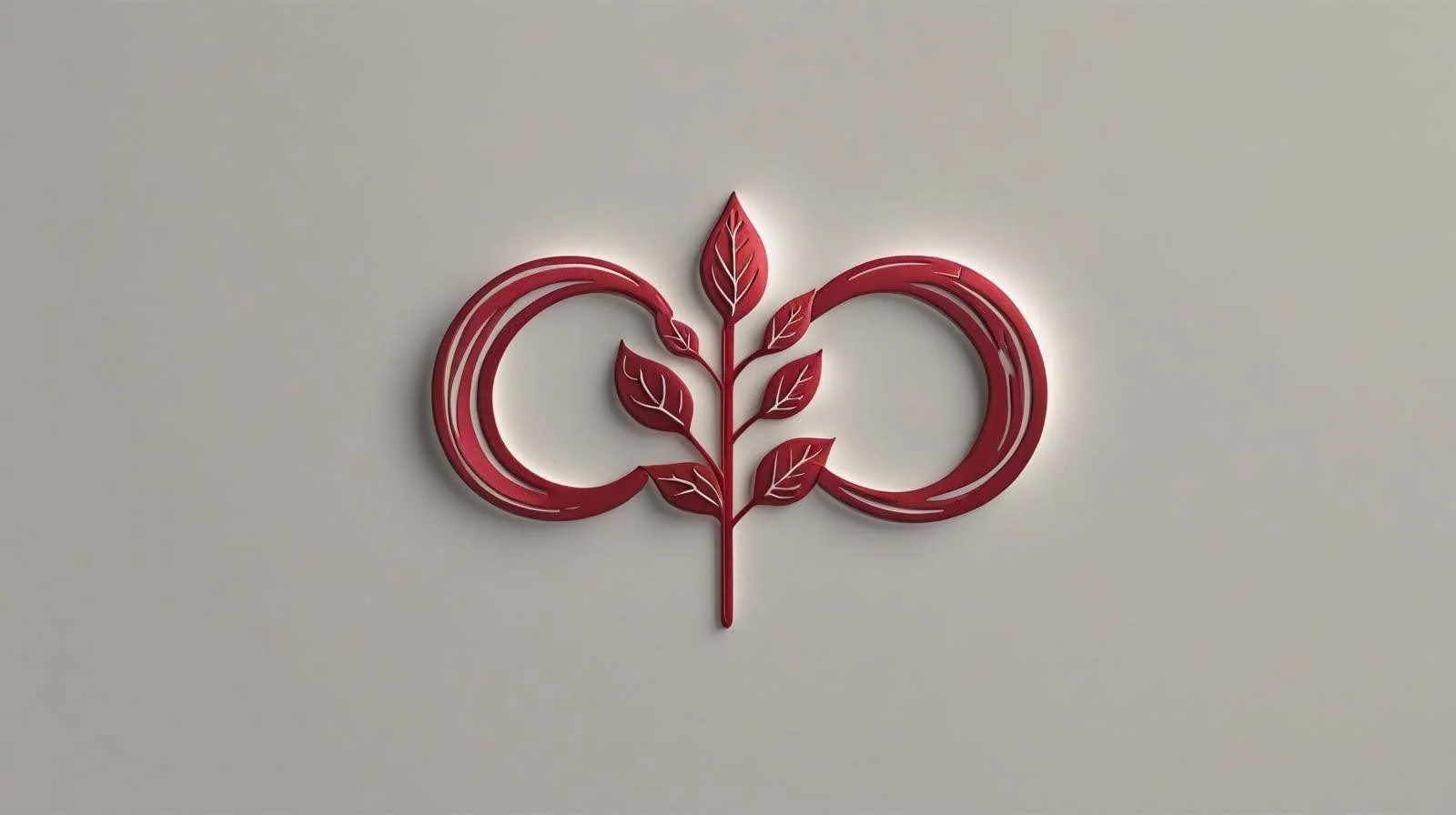 Red decorative wall art with a symmetrical design of three leaves branching from a central stem inside a circular outline on a plain wall.
