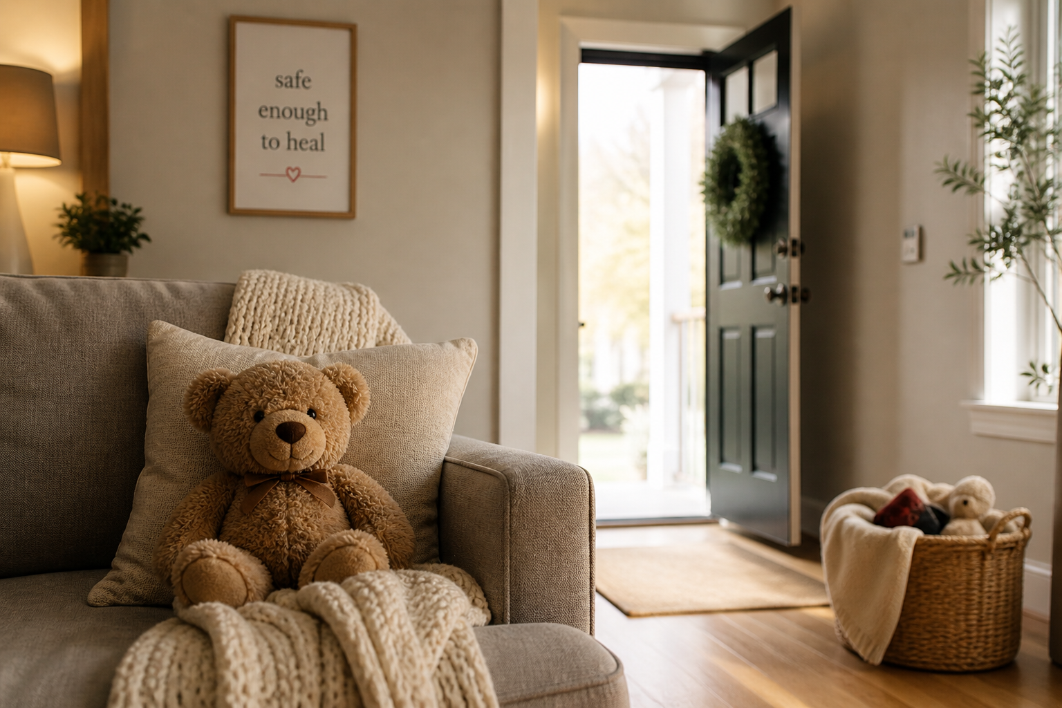 Living room with a beige sofa, teddy bear pillow, blanket, and a stuffed bear on the sofa. There is a basket with stuffed animals and blankets by the door, with a wreath hanging on the dark green door that is open. Sunlight streams in from outside.