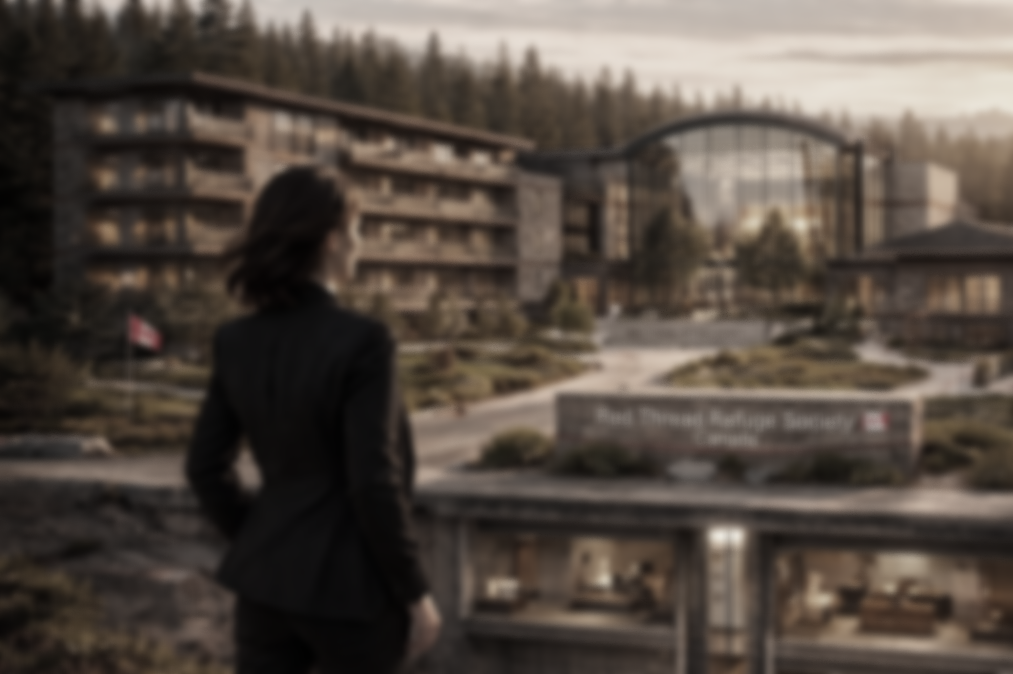 A person with dark hair wearing a black jacket looking at a modern building with large glass windows, situated in a wooded area, during the day with cloudy sky.