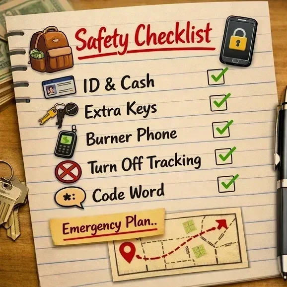 A checklist titled 'Safety Checklist' with a backpack, keys, burner phone, and code word all marked with green checkmarks, and a red circle indicating to turn off tracking. There is also a yellow sticky note labeled 'Emergency Plan...' with a map and red location marker.