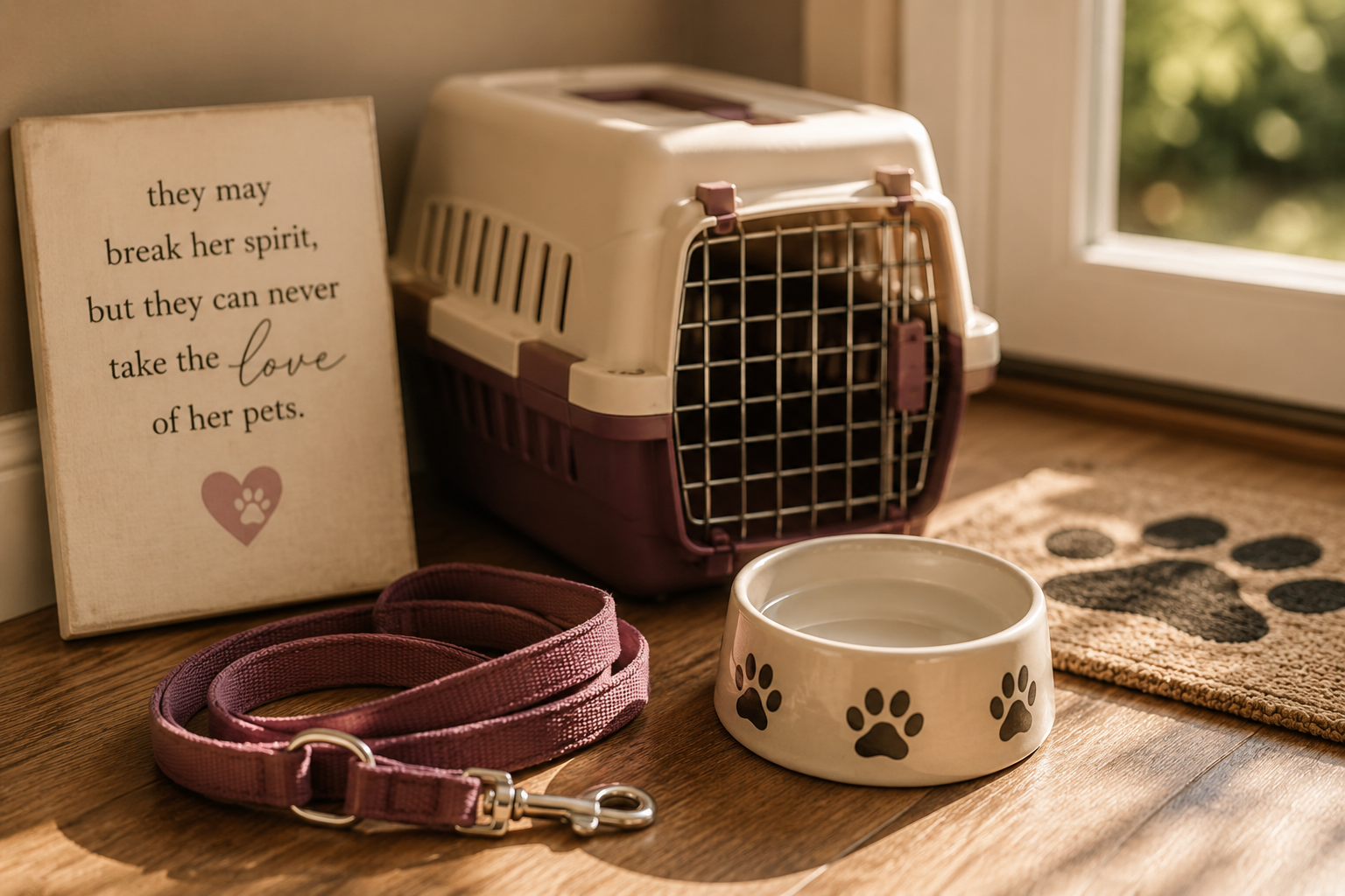 A pet carrier, a pink leash, a pet bowl with paw prints, a decorative sign with writing, and a pet mat with a paw print, all placed on a wooden floor near a window.