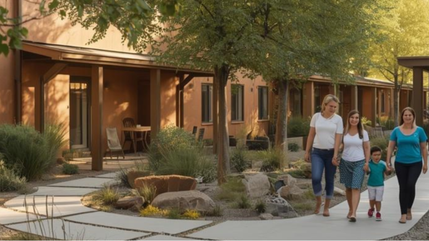 Four women and a young girl walking on a sidewalk outside residential buildings with trees and landscaping.