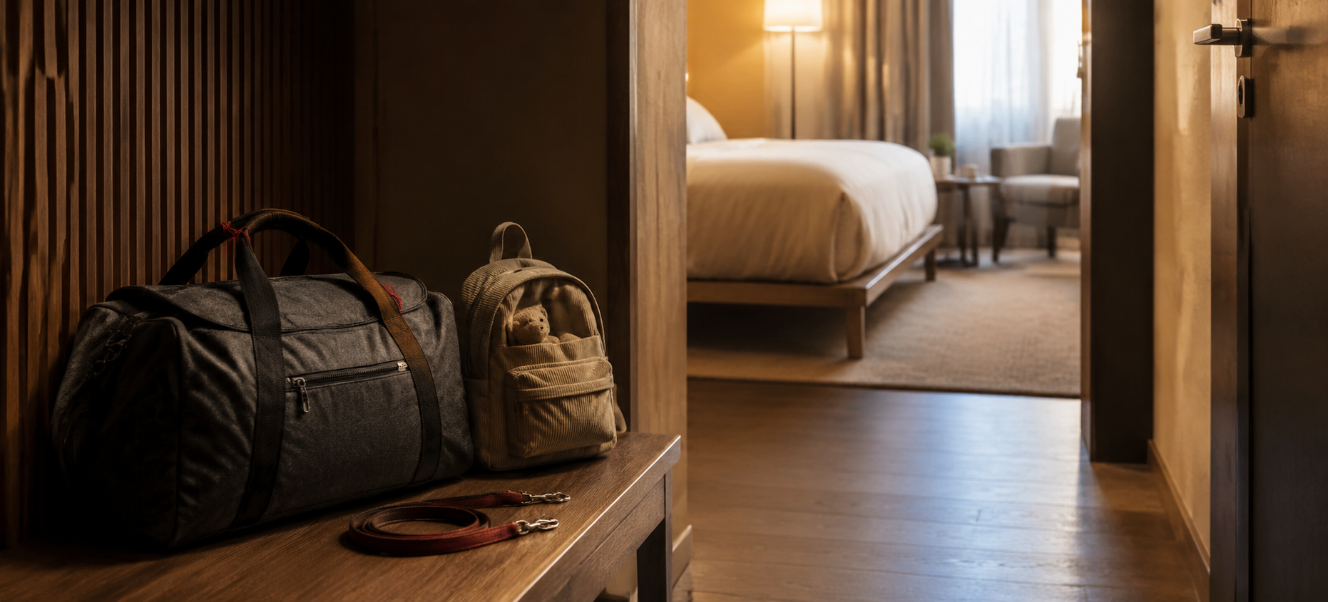 An overnight bag, child’s backpack and pet leash beside an open door leading into a warmly lit hotel room.