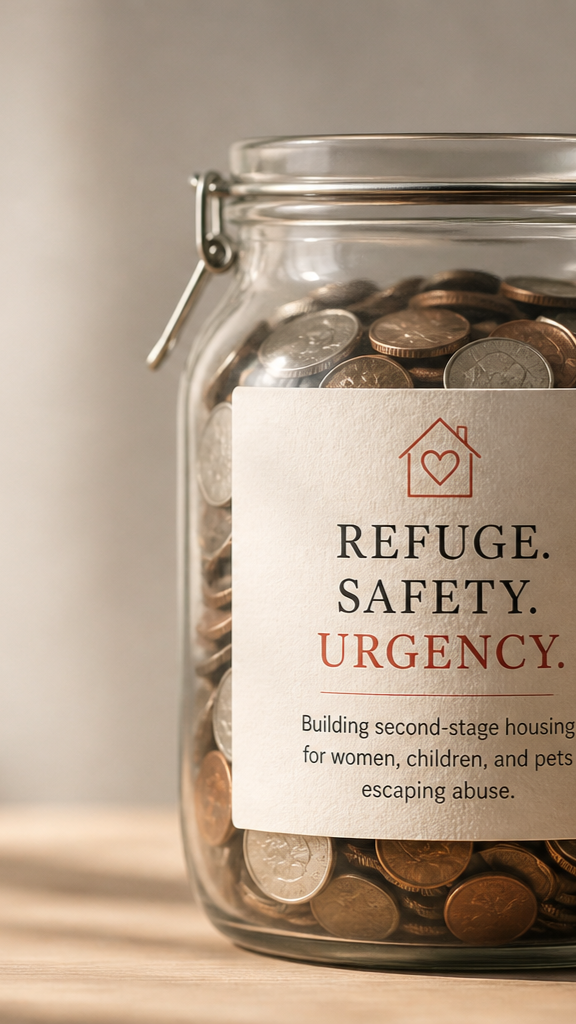 A glass jar filled with coins has a label that reads 'Refuge. Safety. Urgency.' and includes a house with a heart symbol, indicating a cause for building second-stage housing for vulnerable groups.