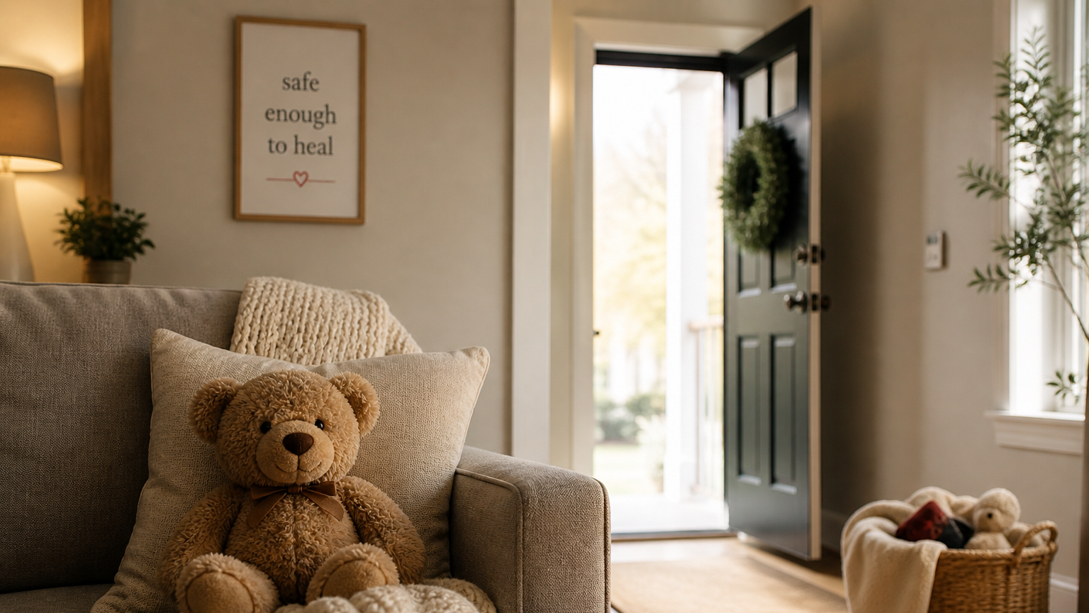 Warm living room with a teddy bear beside an open front door, representing a safe and welcoming home.