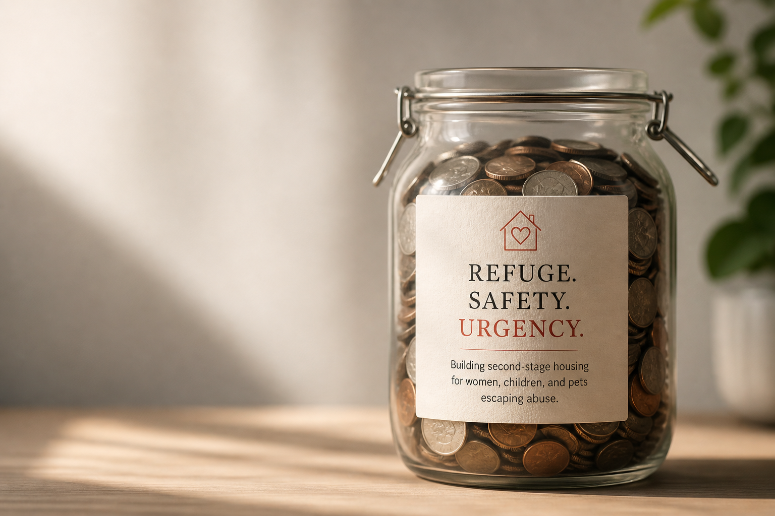 A glass jar filled with coins and a label that reads "Refuge. Safety. Urgency." with a house icon and text about building second-stage housing for women, children, and pets escaping abuse.