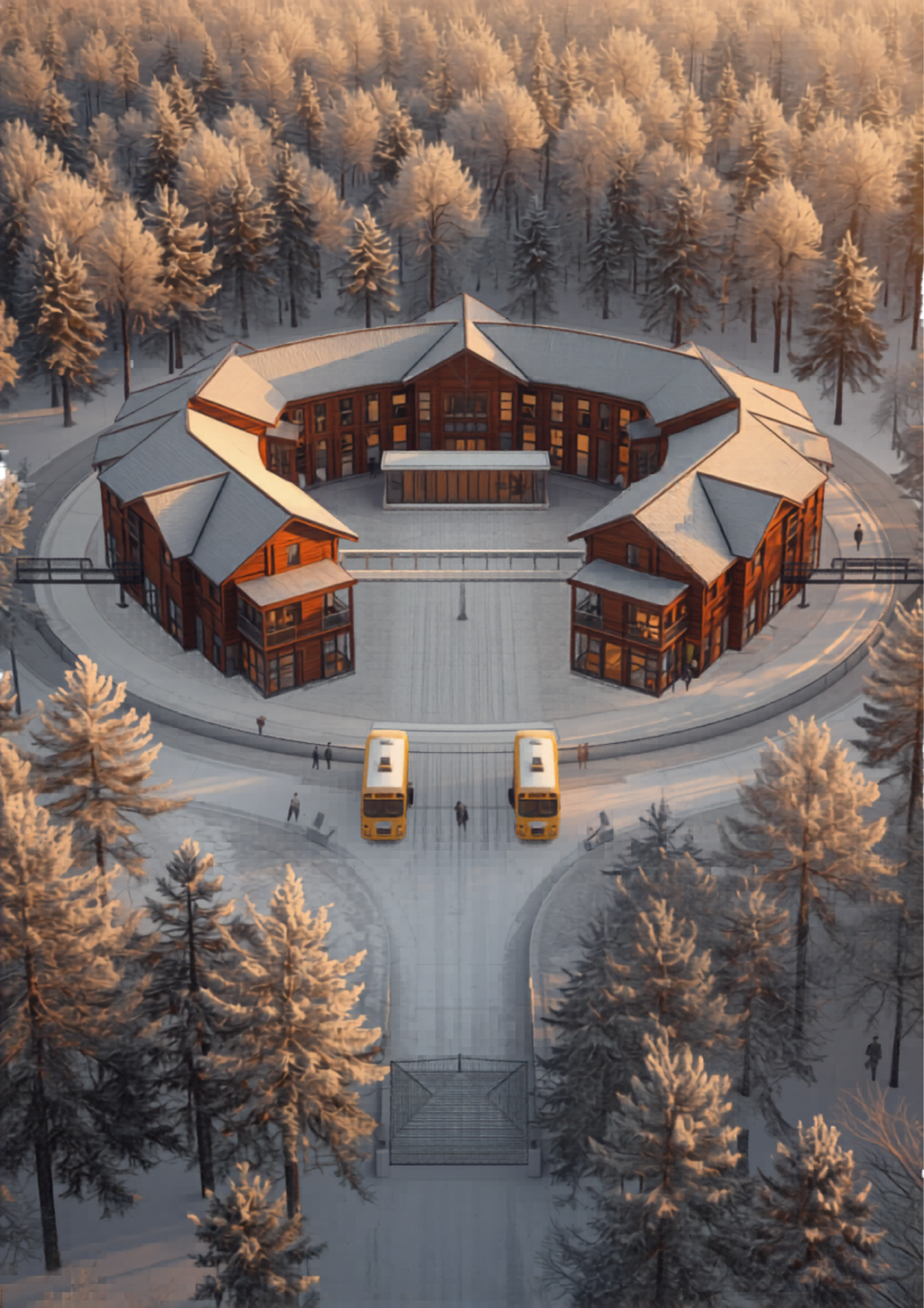 An aerial view of a large wooden building with snow-covered roofs, surrounded by snow and tall snow-covered trees, with two yellow buses parked in front and a few people walking nearby.